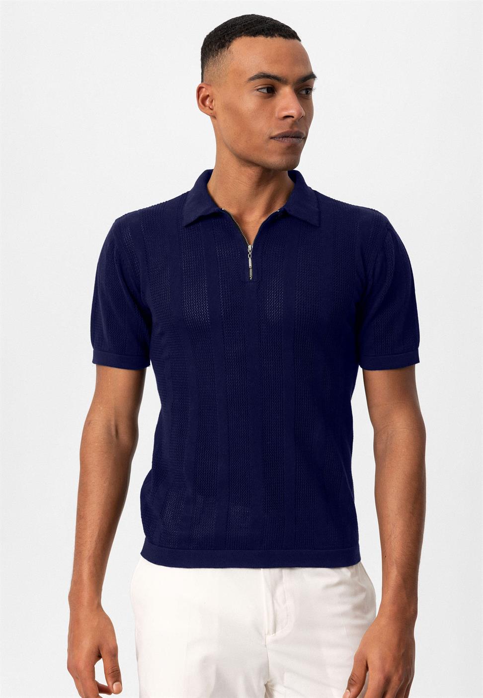 تي شيرت رجالي محبوك بياقة بولو بياقة بولو بسحاب