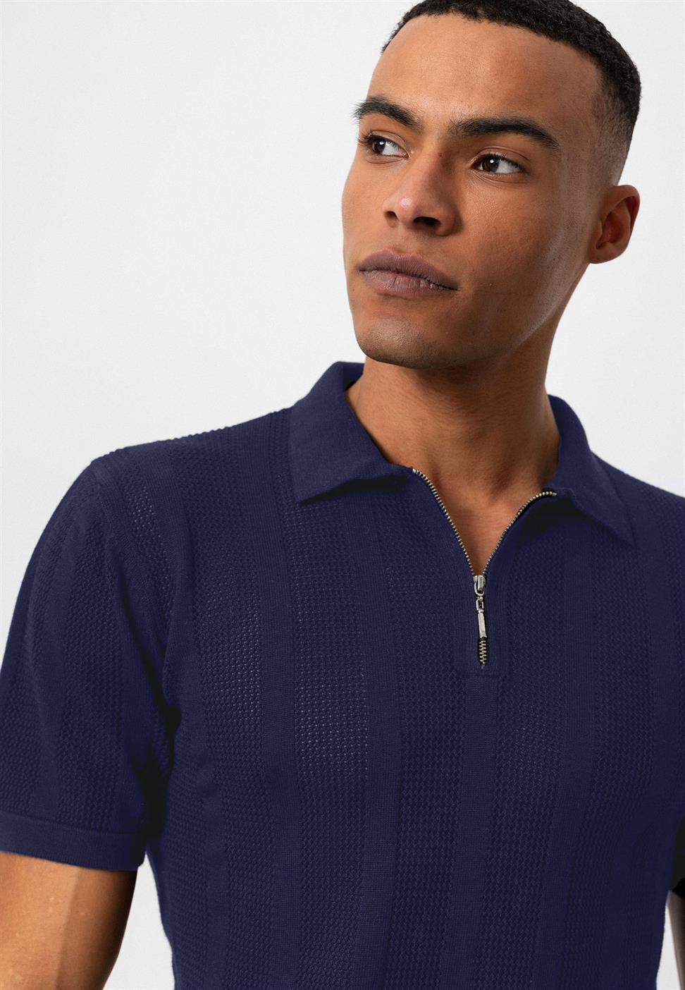 تي شيرت رجالي محبوك بياقة بولو بياقة بولو بسحاب