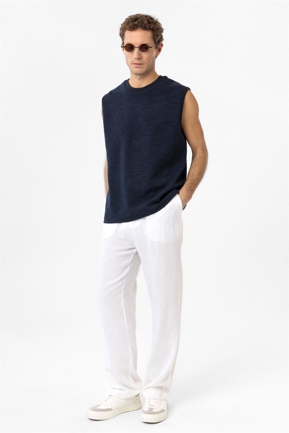 Antioch Lacivert Regular Fit Dokulu Erkek Kolsuz T-Shirt