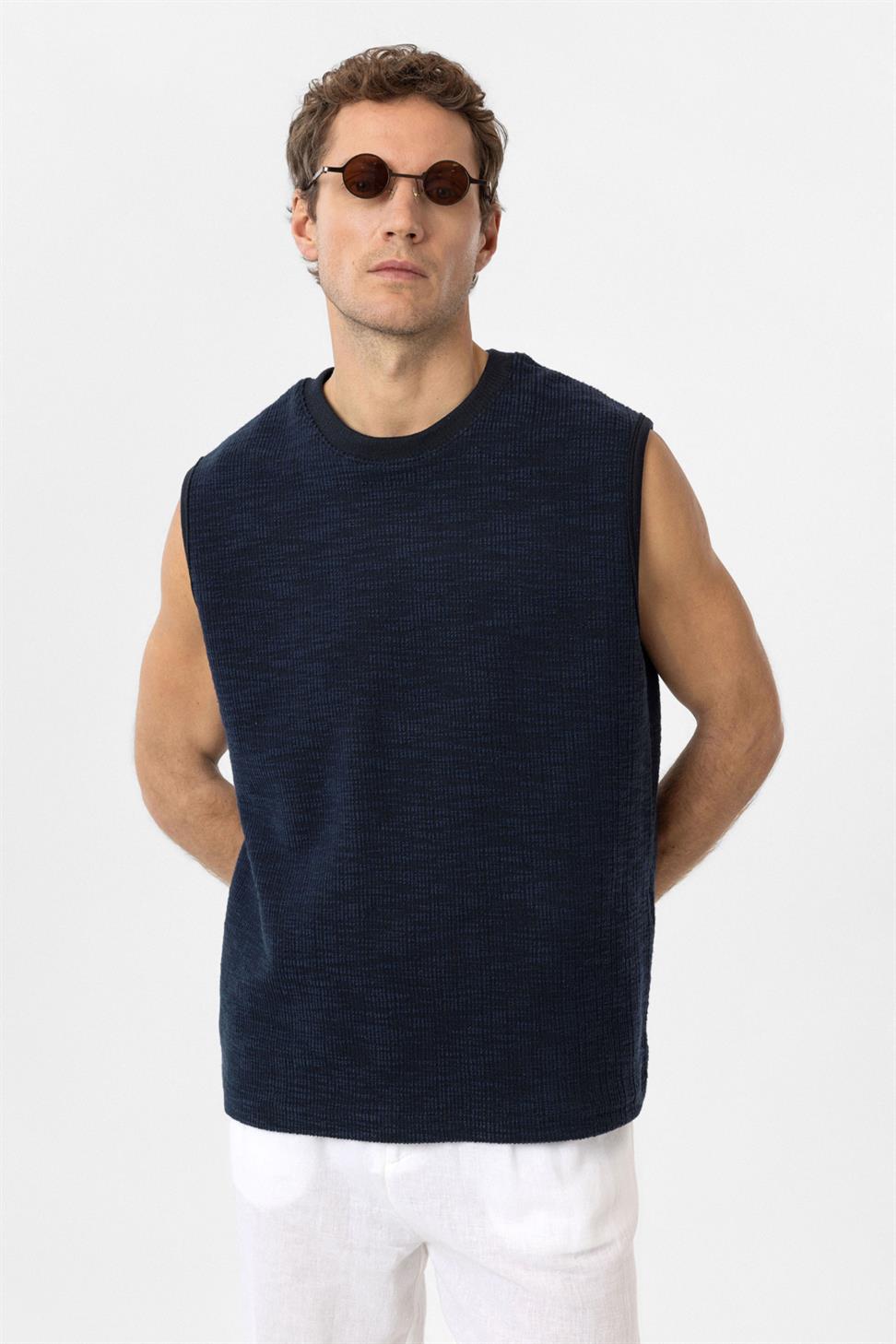 Antioch Lacivert Regular Fit Dokulu Erkek Kolsuz T-Shirt