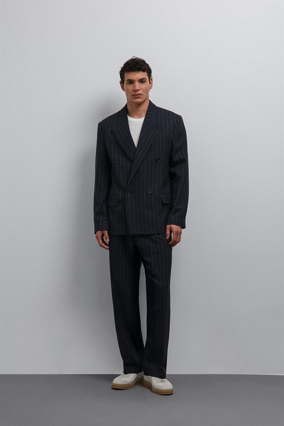 Antioch Lacivert Relax Fit Çizgili Erkek Pantolon