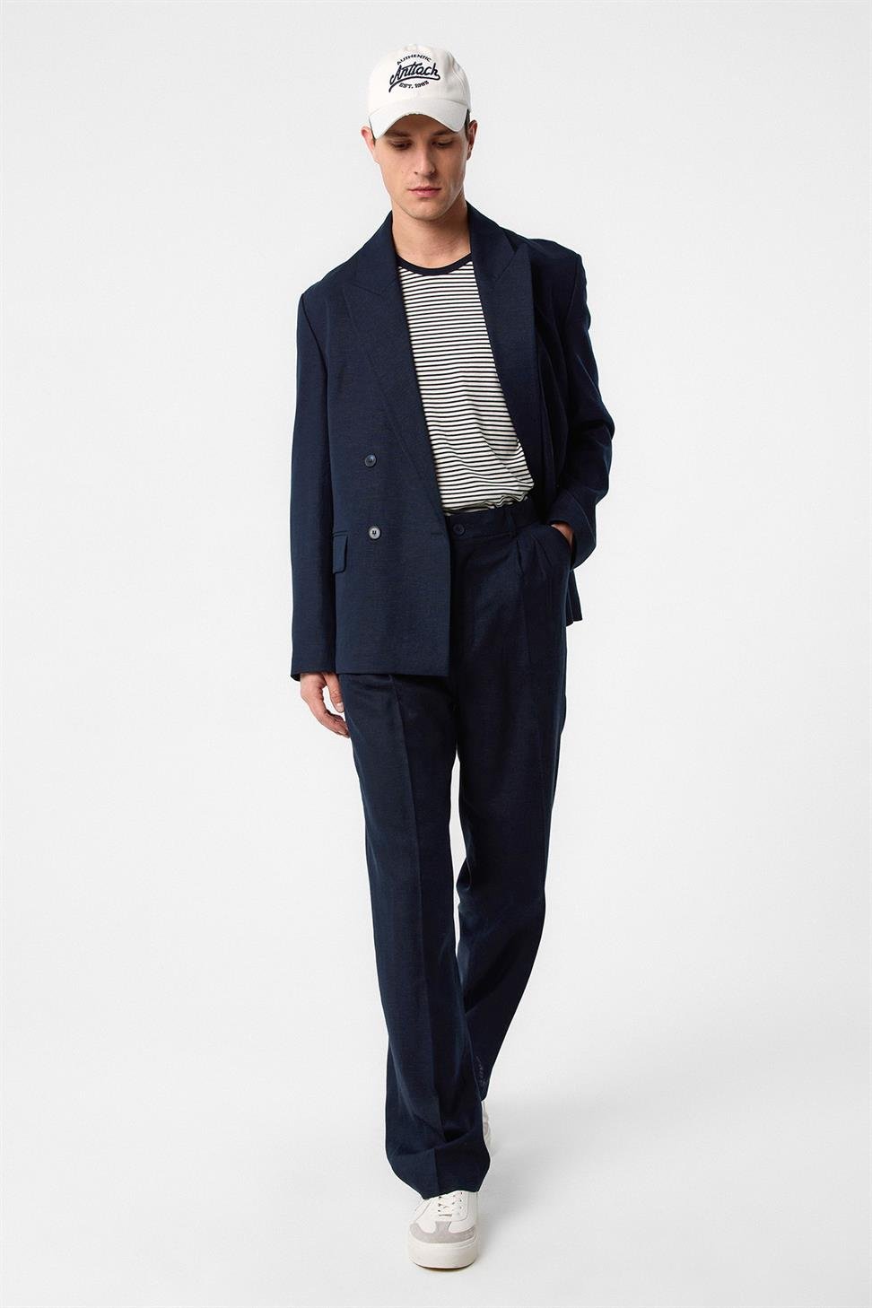 Antioch Lacivert Relax Fit Keten Karışımlı Erkek Blazer Ceket