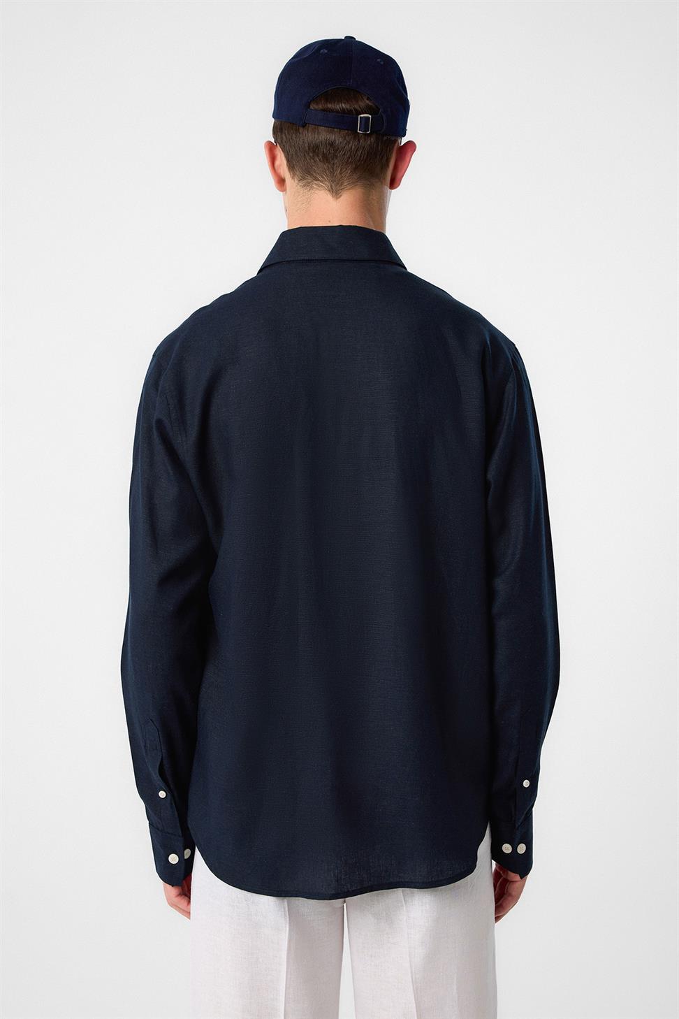 Antioch Lacivert Relax Fit Keten Karışımlı Erkek Gömlek