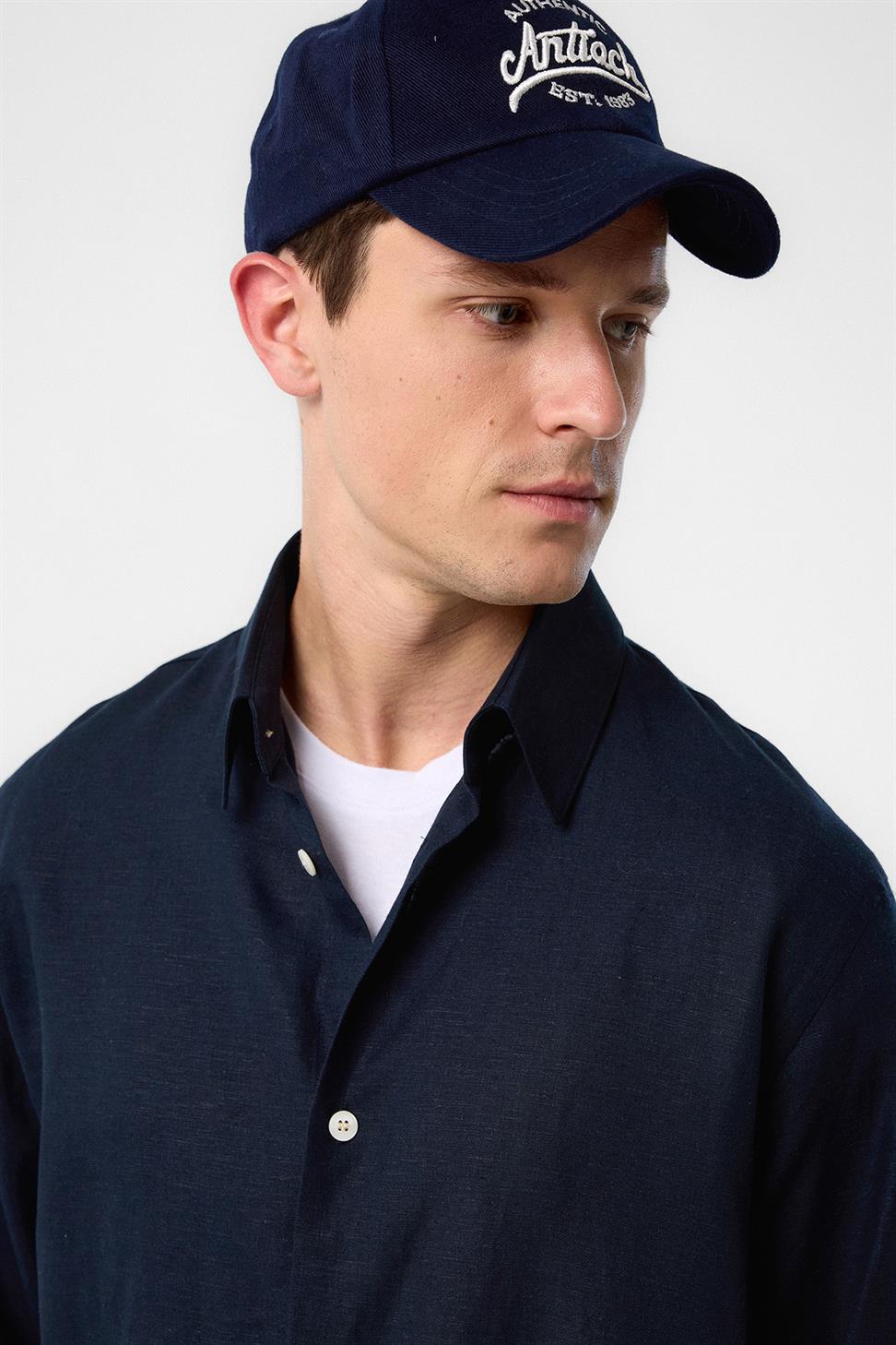 Antioch Lacivert Relax Fit Keten Karışımlı Erkek Gömlek