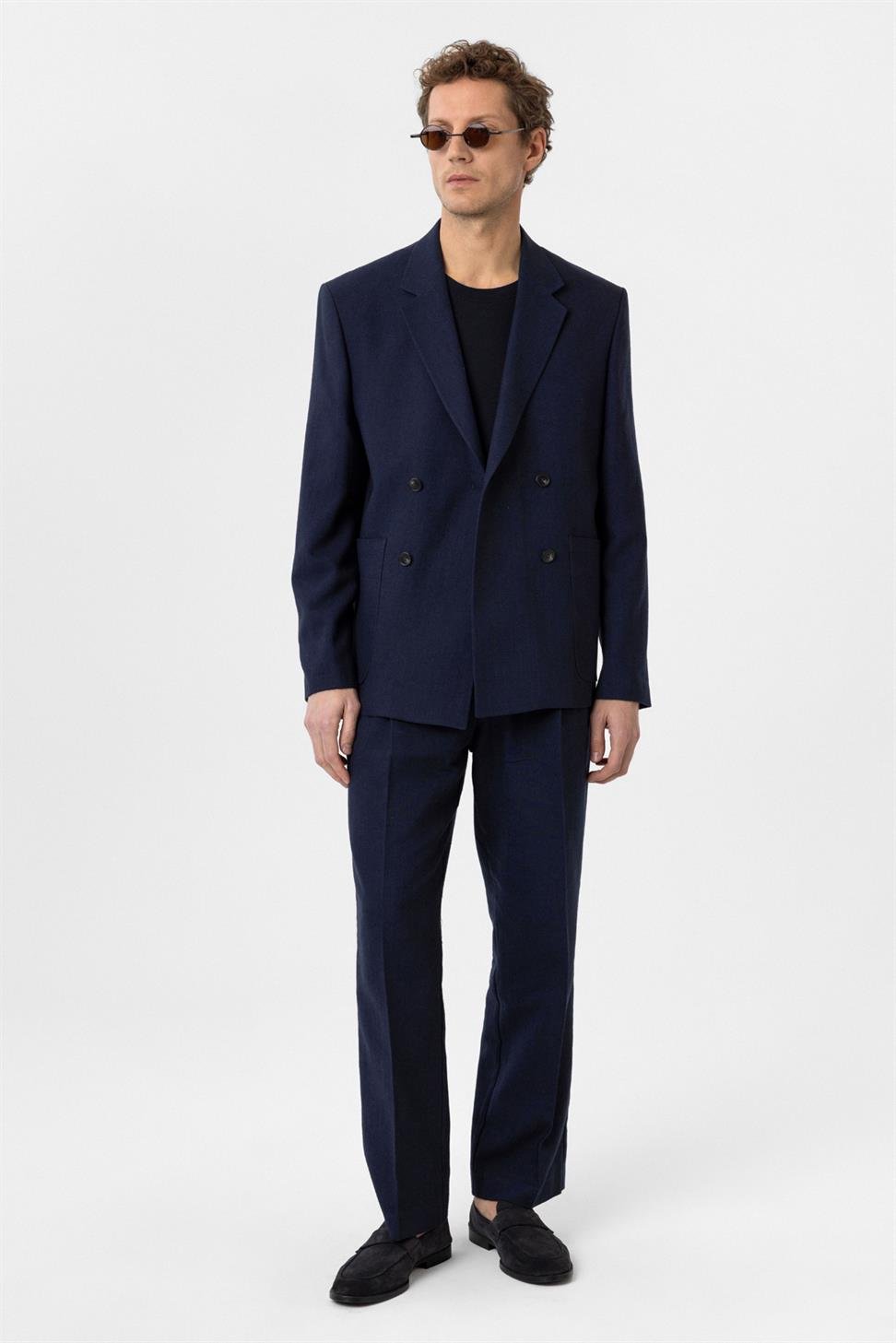 Antioch Lacivert Relax Fit Keten Karışımlı Erkek Blazer Ceket