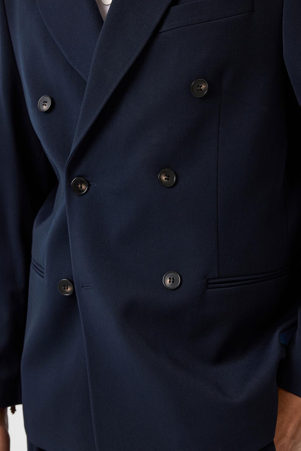 Antioch Lacivert Relax Fit Kruvaze Erkek Blazer Ceket