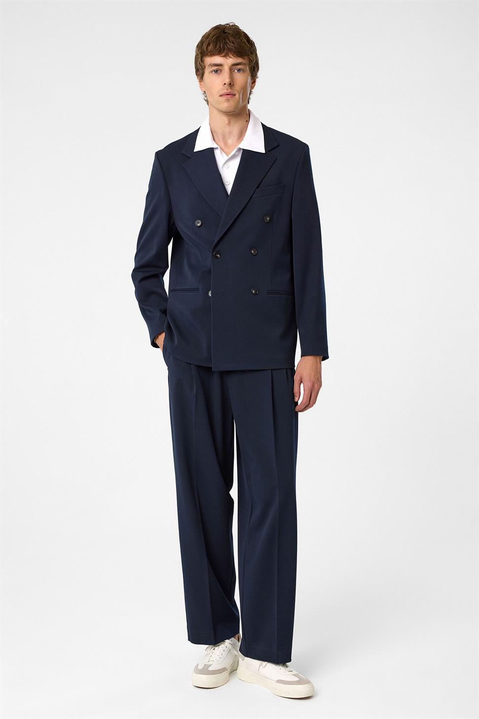 Antioch Lacivert Relax Fit Kruvaze Erkek Blazer Ceket