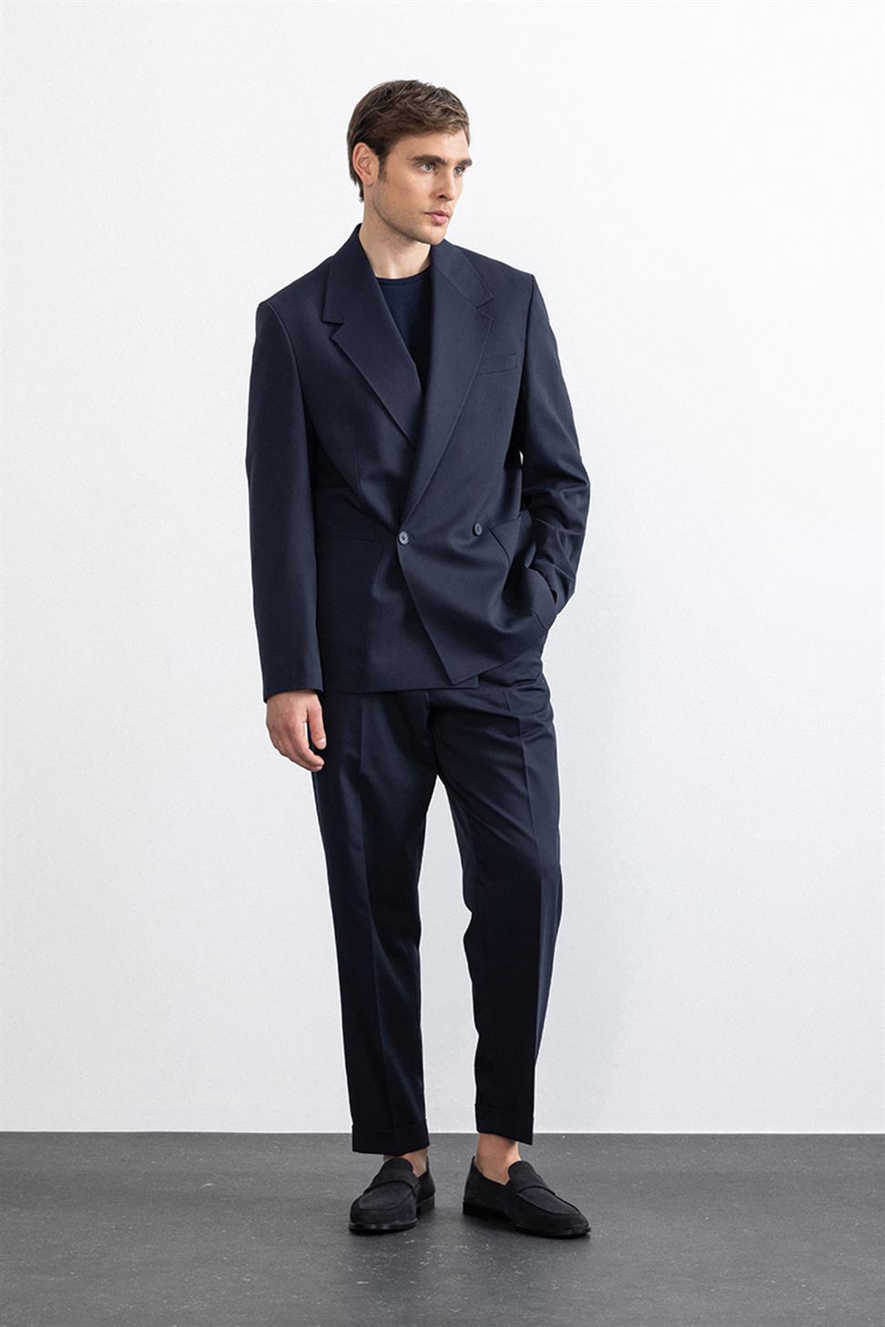 Antioch Lacivert Relax Fit Kruvaze Kapama Erkek Teknik Blazer Ceket