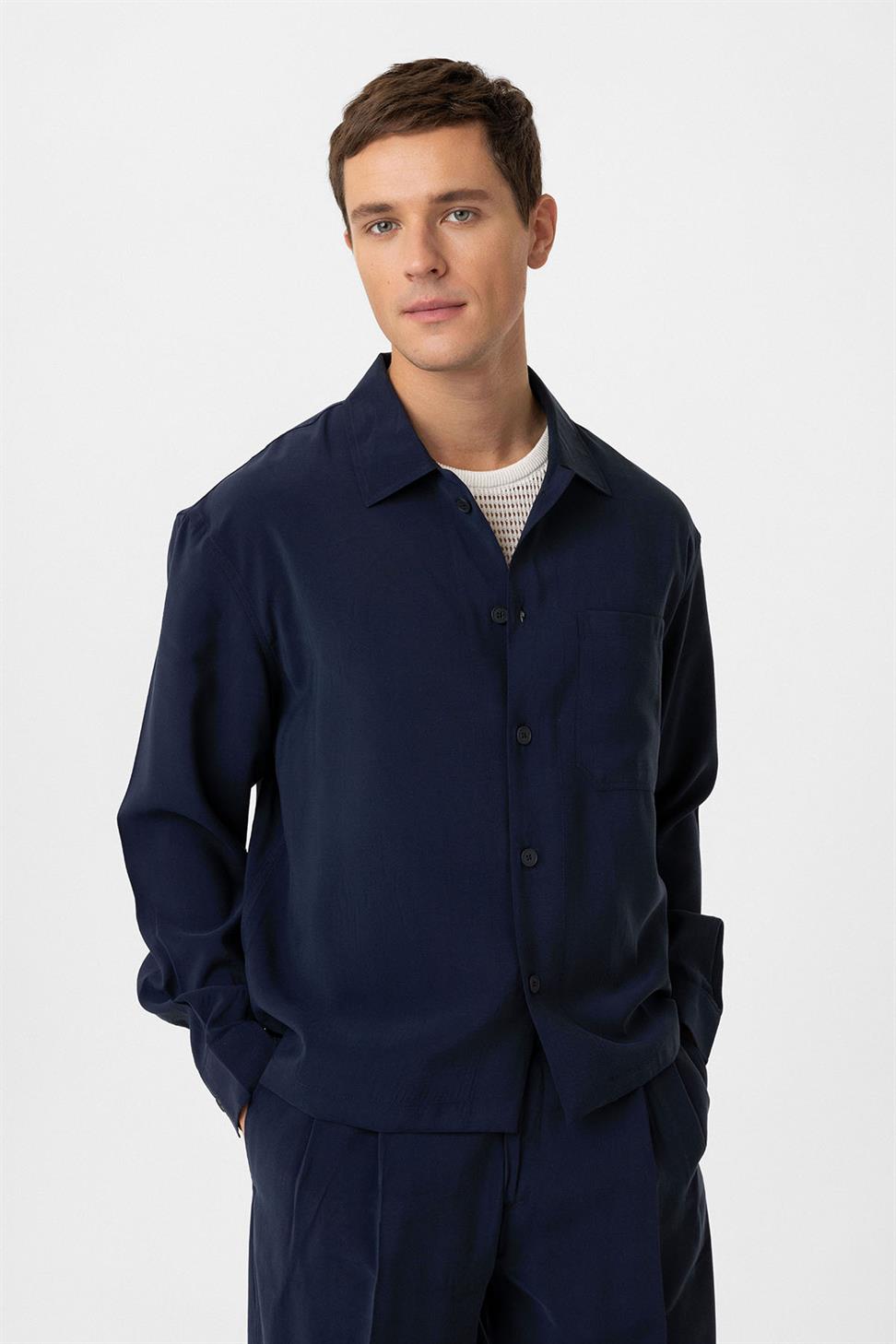 Antioch Lacivert Relax Fit Modal Kumaş Erkek Gömlek