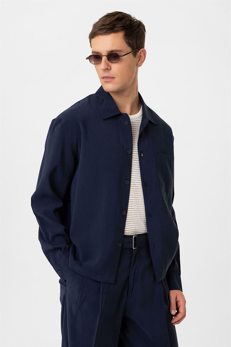 Antioch Lacivert Relax Fit Modal Kumaş Erkek Gömlek