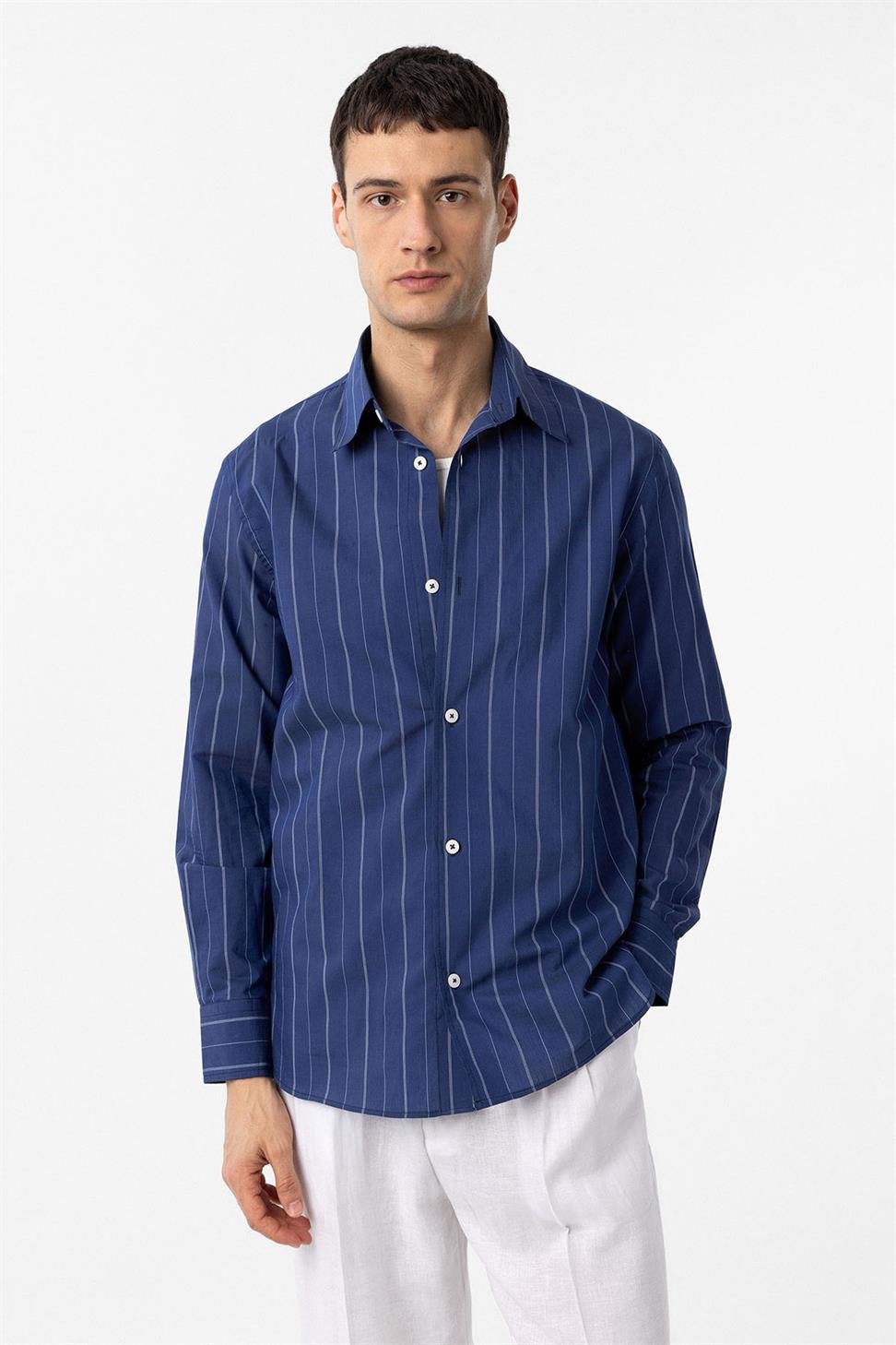 Antioch Lacivert Relaxed Çizgili Erkek Gömlek