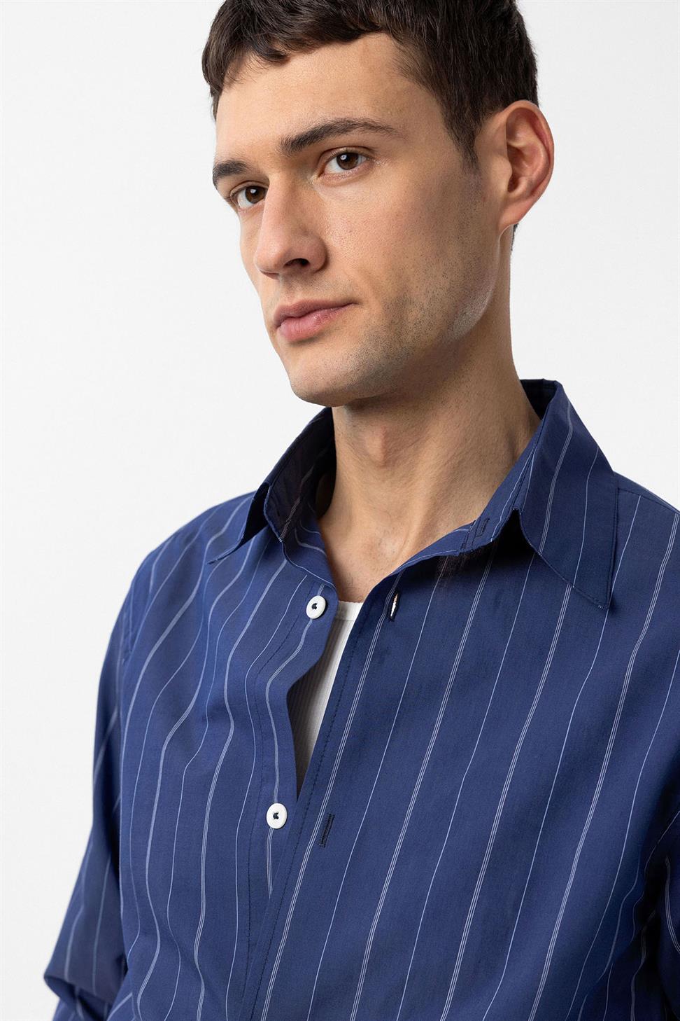 Antioch Lacivert Relaxed Çizgili Erkek Gömlek