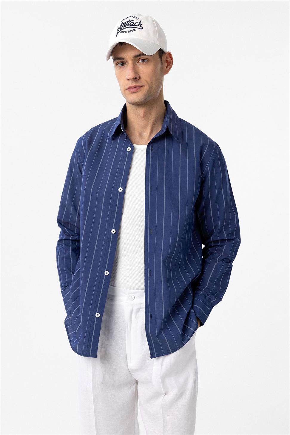 Antioch Lacivert Relaxed Çizgili Erkek Gömlek