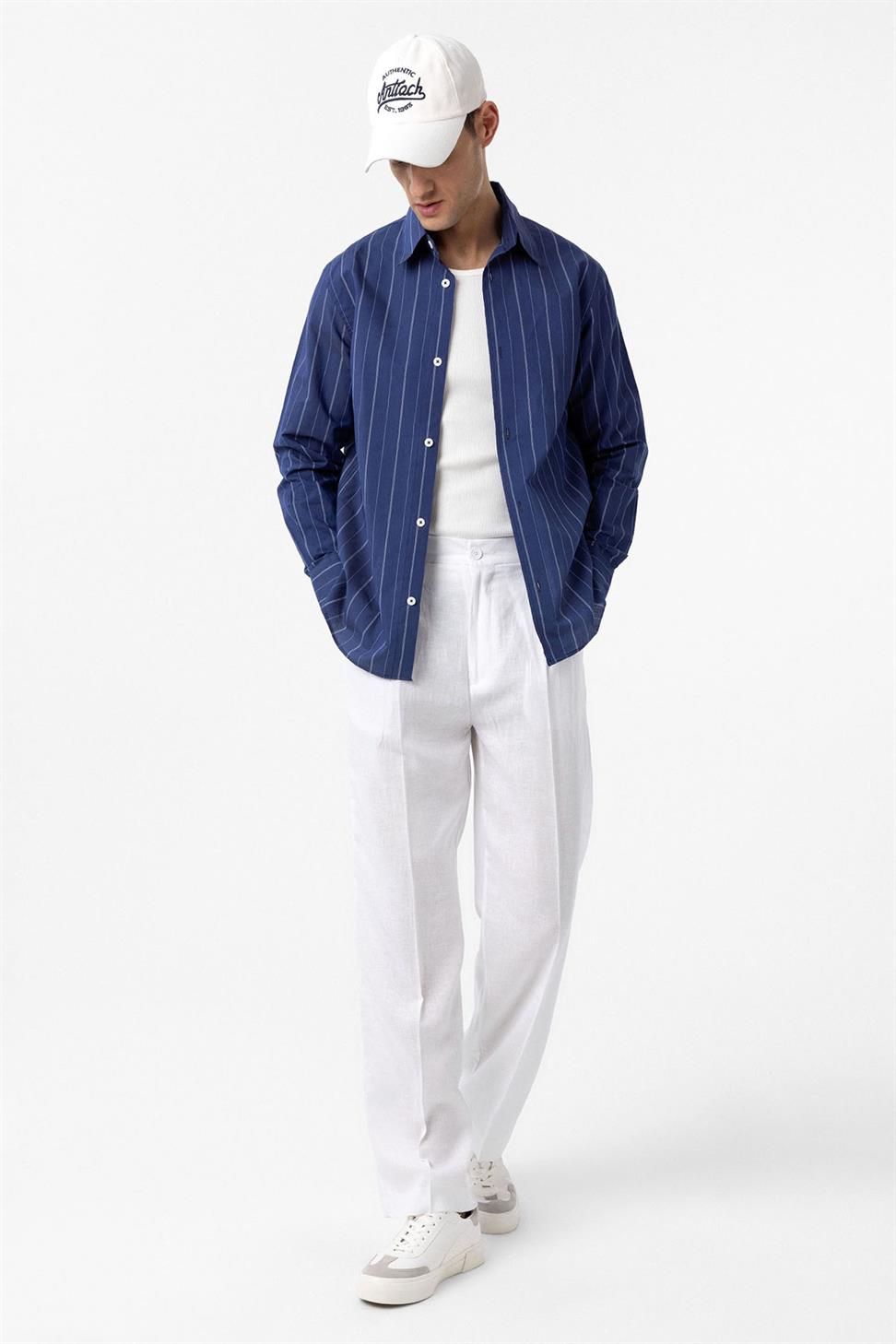 Antioch Lacivert Relaxed Çizgili Erkek Gömlek