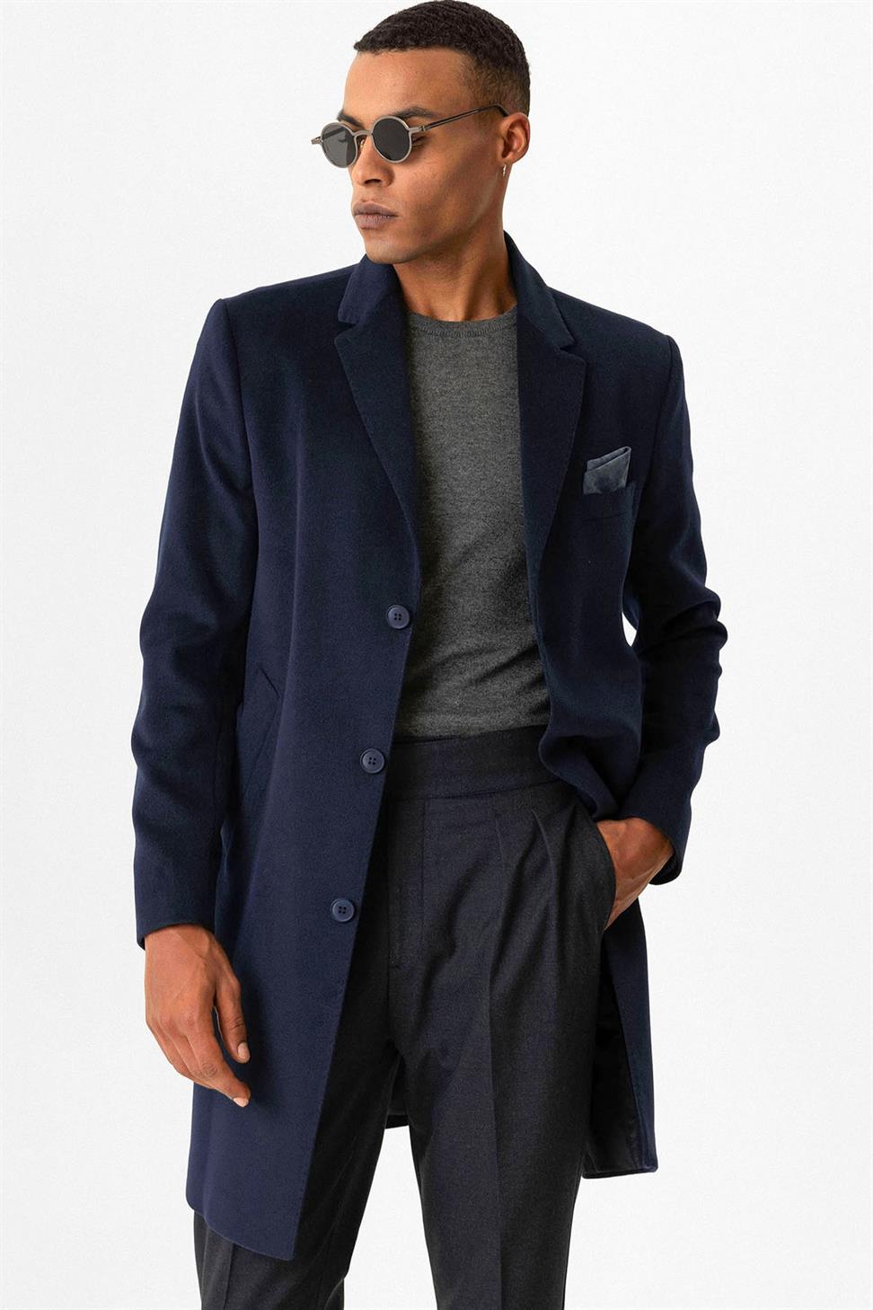 Antioch Lacivert Slim Fit Ceket Yaka Erkek Kaban