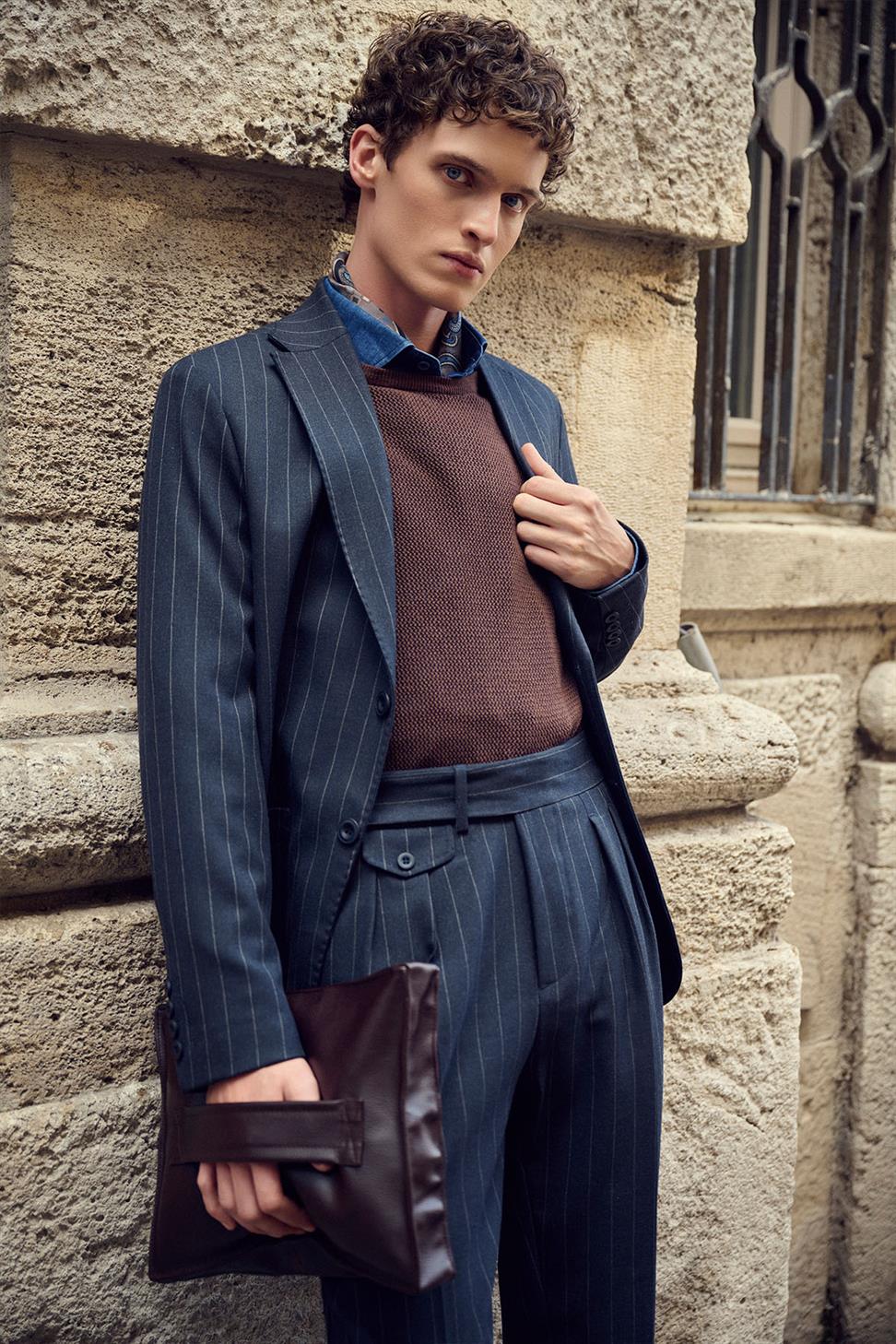 Antioch Lacivert Slim Fit Çizgili Erkek Blazer Ceket