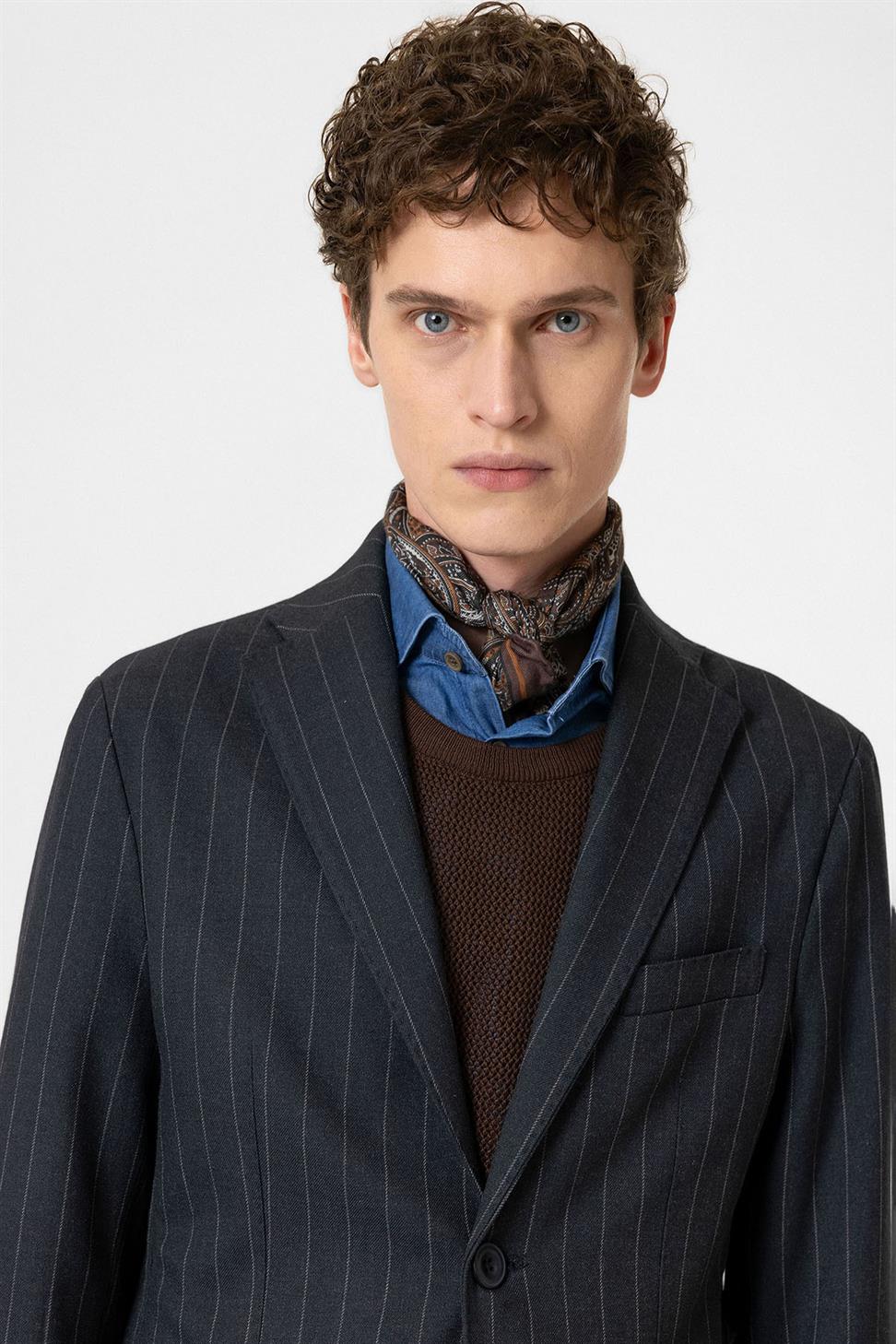 Antioch Lacivert Slim Fit Çizgili Erkek Blazer Ceket