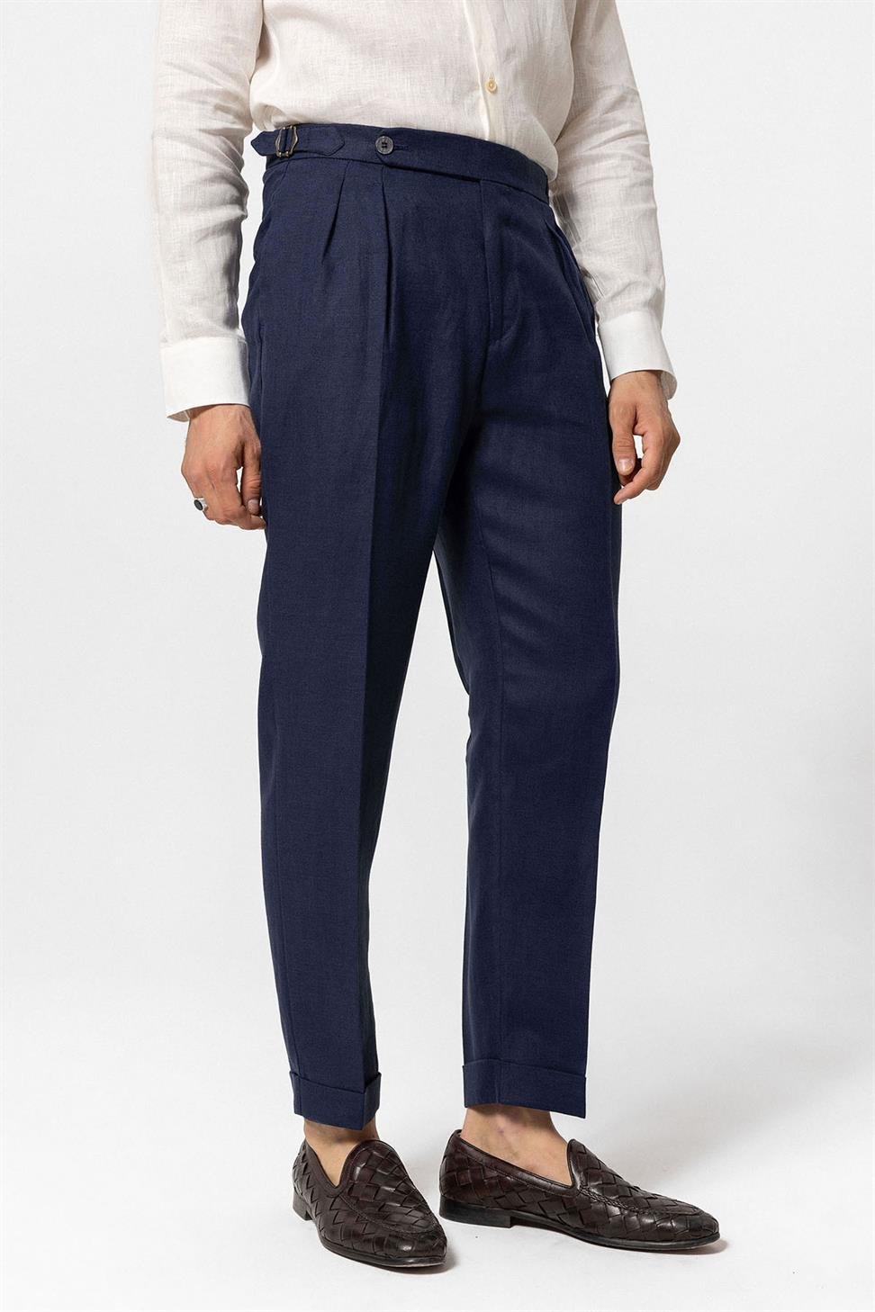 بنطلون رجالي عالي الخصر 100٪ كتان مطوي 100٪