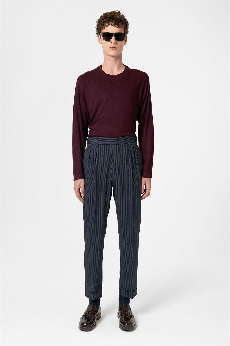 Antioch Lacivert Yüksek Bel Çizgili Duble Paça Erkek Pantolon