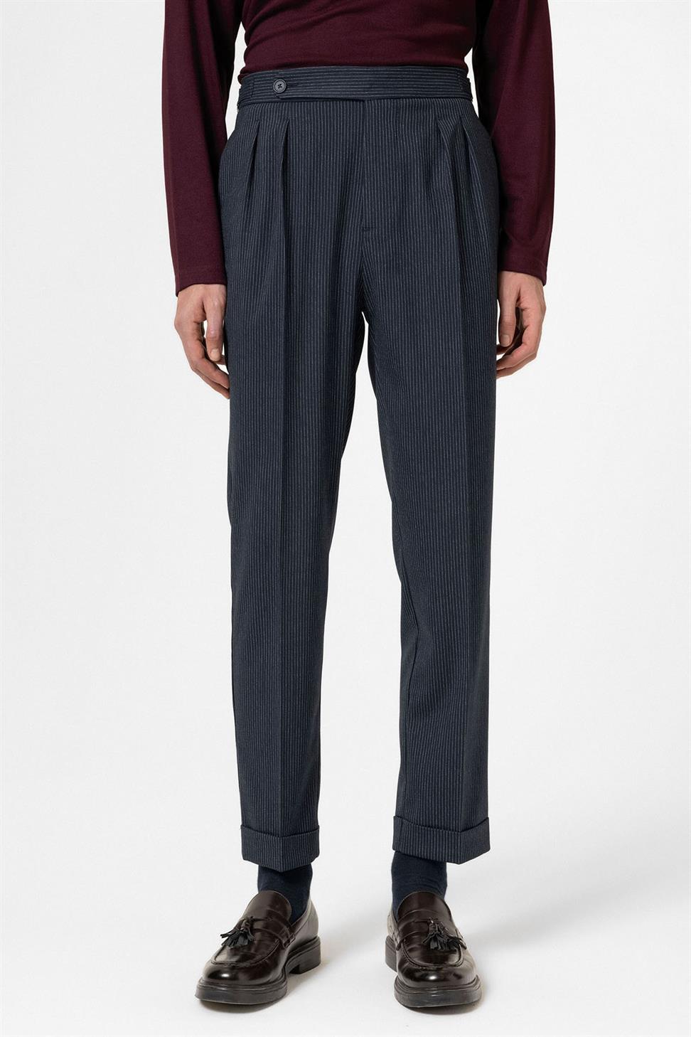 Antioch Lacivert Yüksek Bel Çizgili Duble Paça Erkek Pantolon
