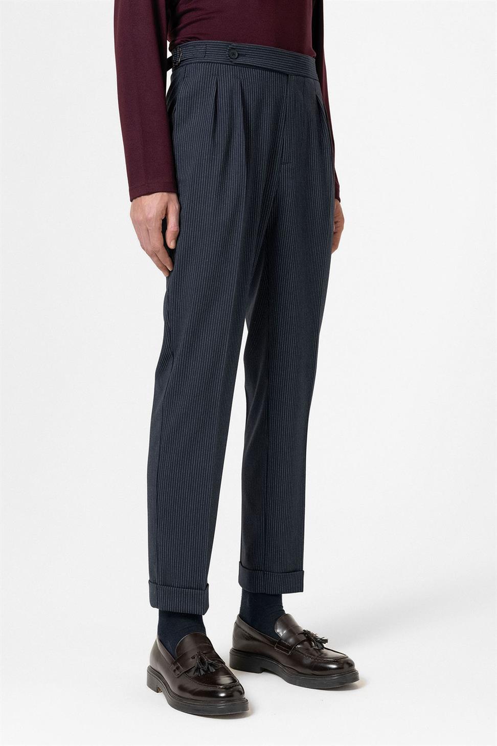 Antioch Lacivert Yüksek Bel Çizgili Duble Paça Erkek Pantolon