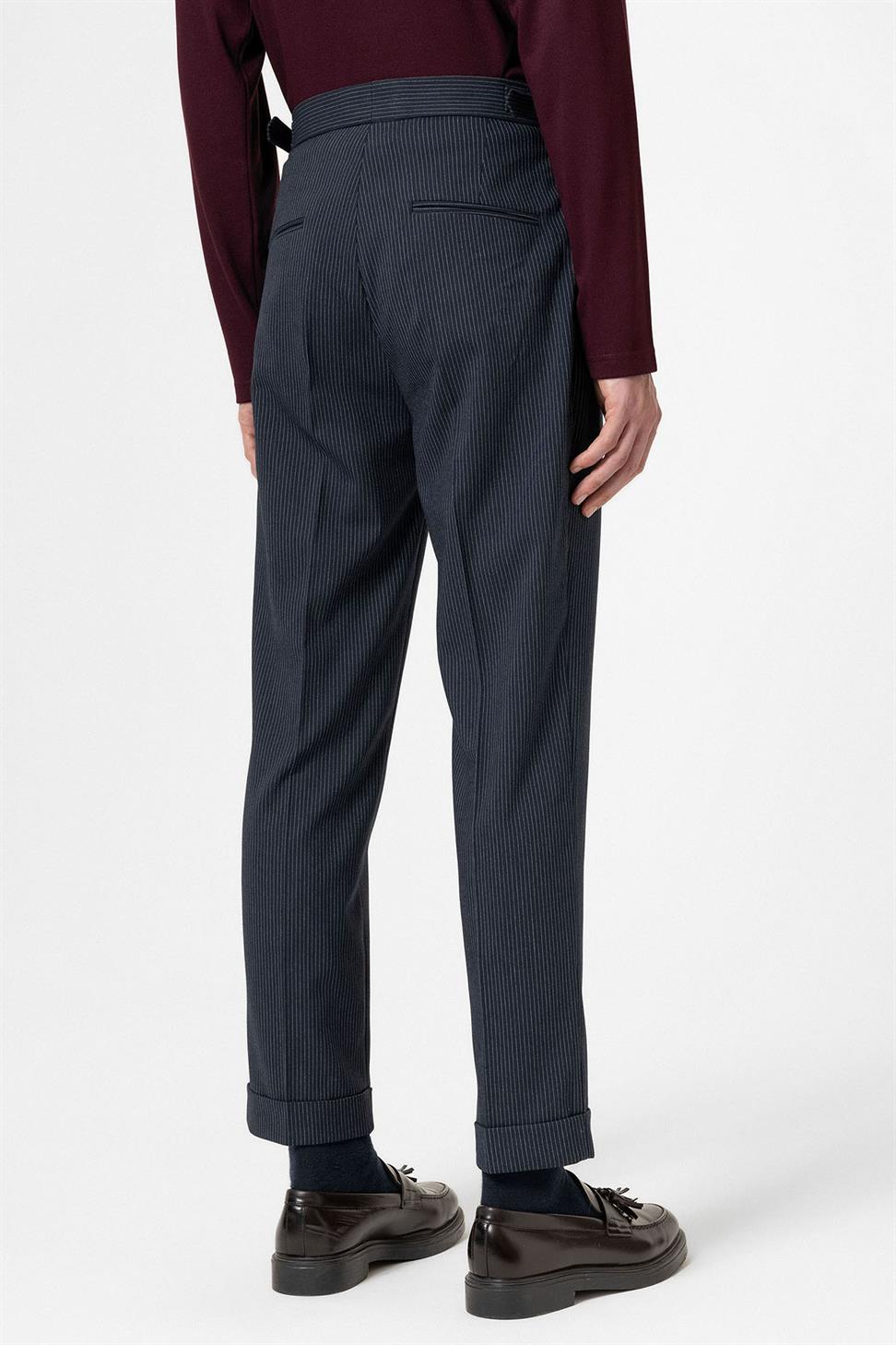 Antioch Lacivert Yüksek Bel Çizgili Duble Paça Erkek Pantolon