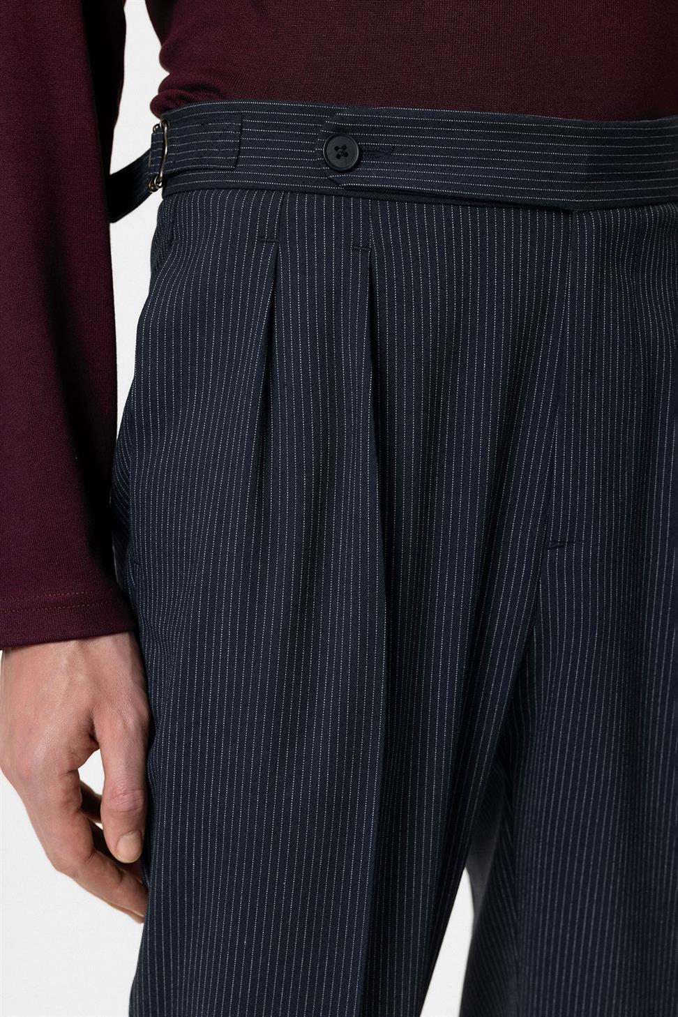 Antioch Lacivert Yüksek Bel Çizgili Duble Paça Erkek Pantolon