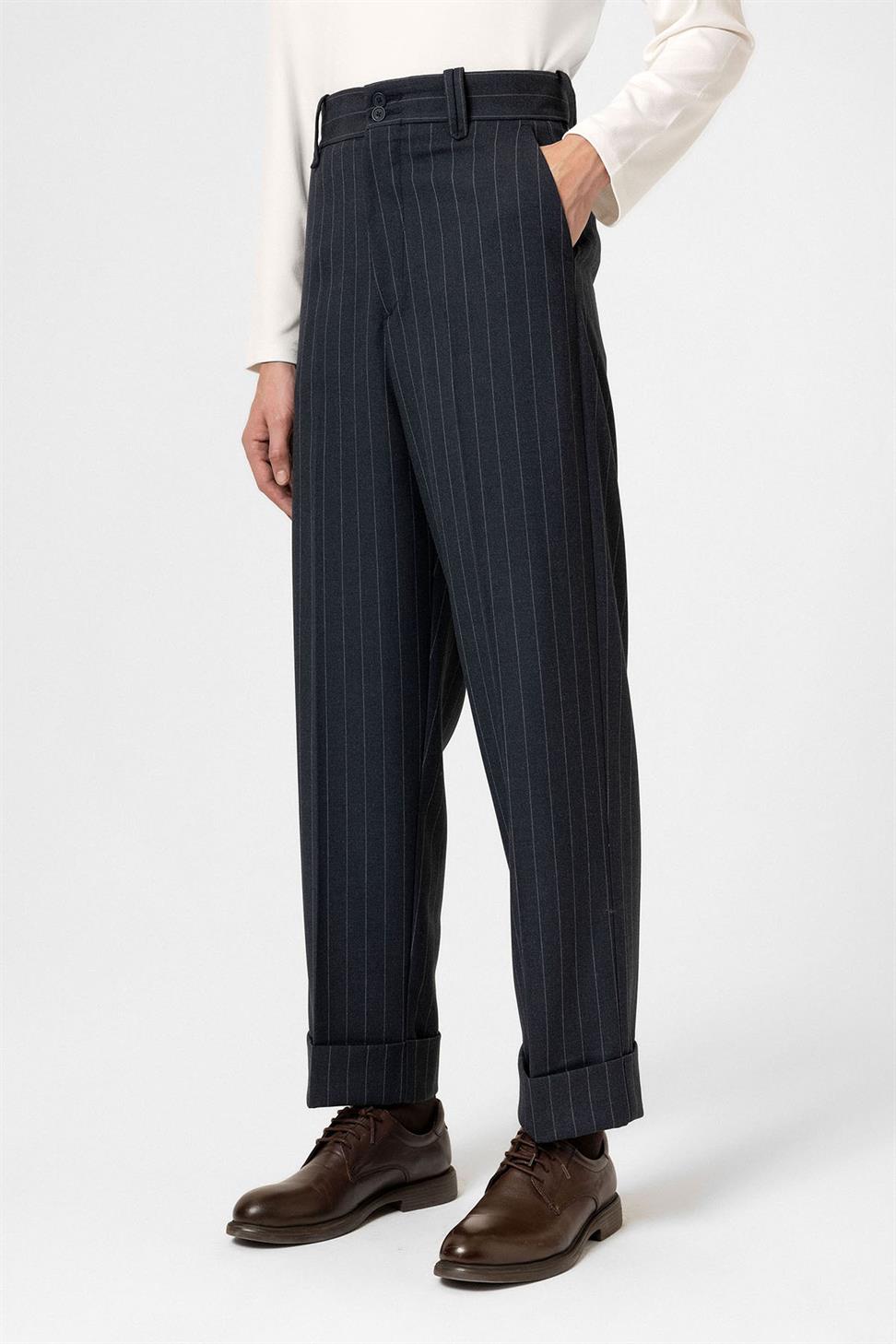 Antioch Lacivert Yüksek Bel Çizgili Relaxed Fit Erkek Pantolon