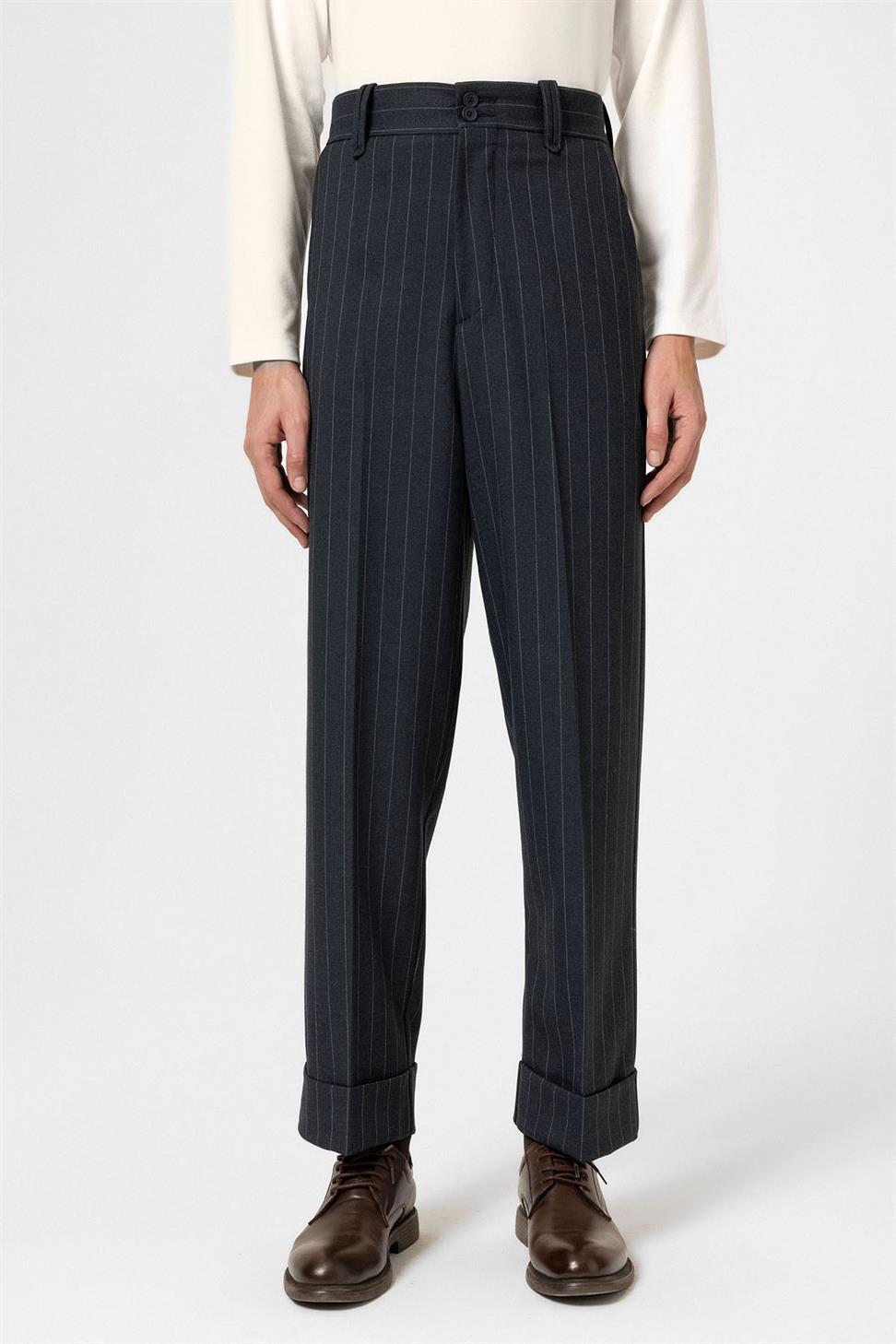 Antioch Lacivert Yüksek Bel Çizgili Relaxed Fit Erkek Pantolon