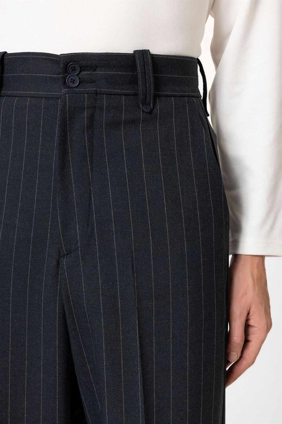 Antioch Lacivert Yüksek Bel Çizgili Relaxed Fit Erkek Pantolon