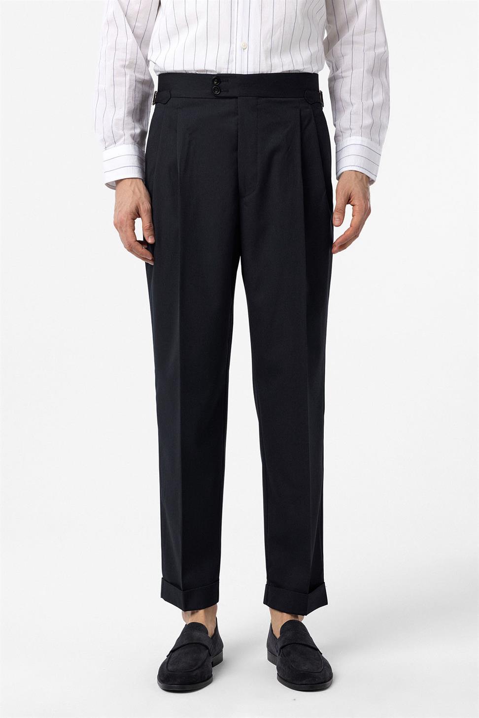 Antioch Lacivert Yüksek Bel İtalyan Kalıp Pileli Erkek Pantolon