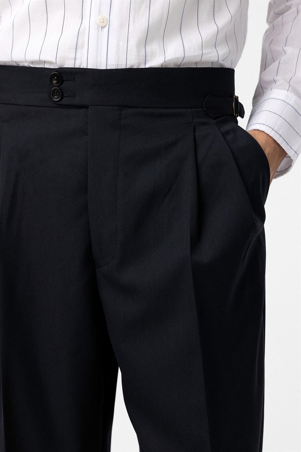 Antioch Lacivert Yüksek Bel İtalyan Kalıp Pileli Erkek Pantolon