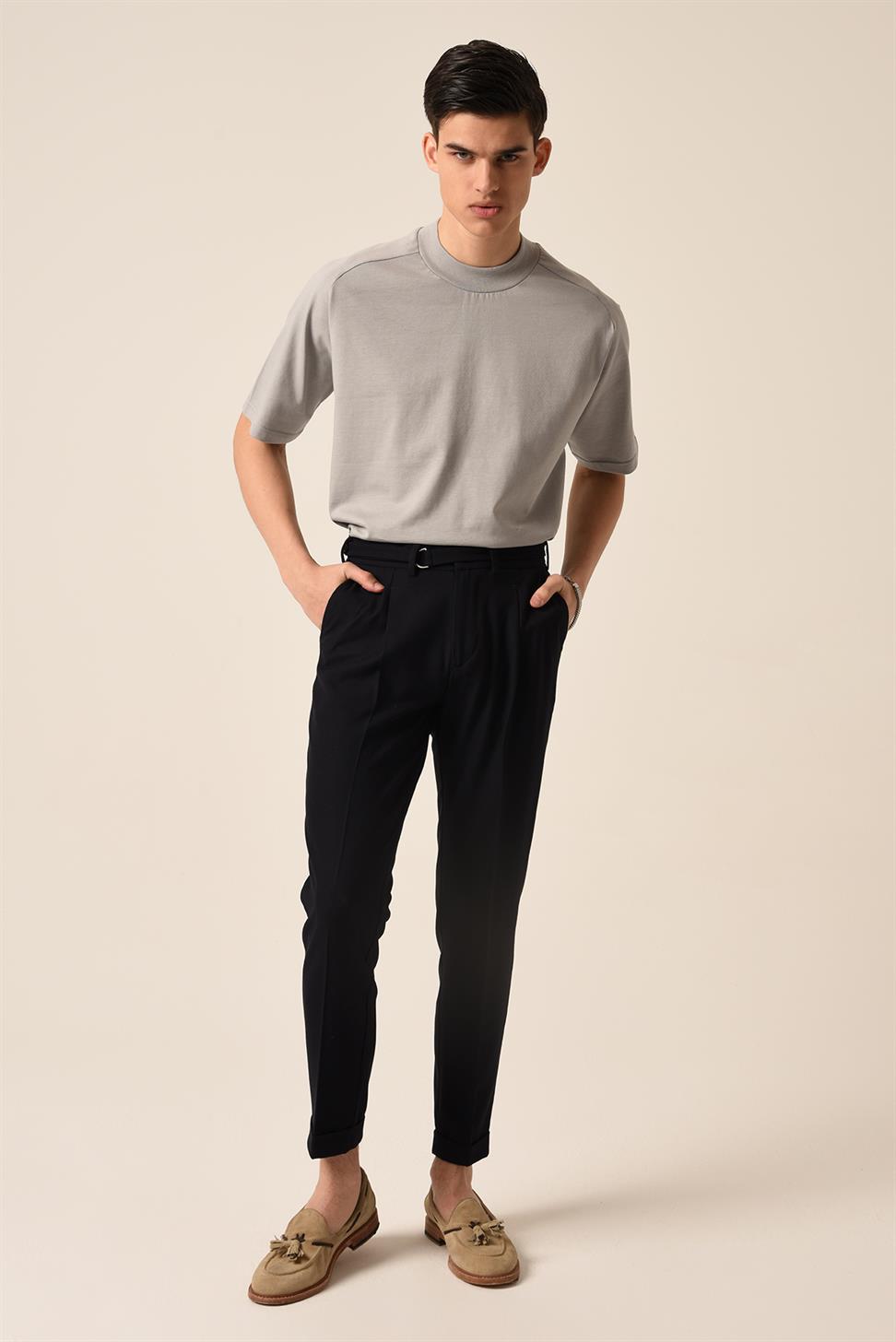 بنطلون مطوي بحزام عالي الخصر