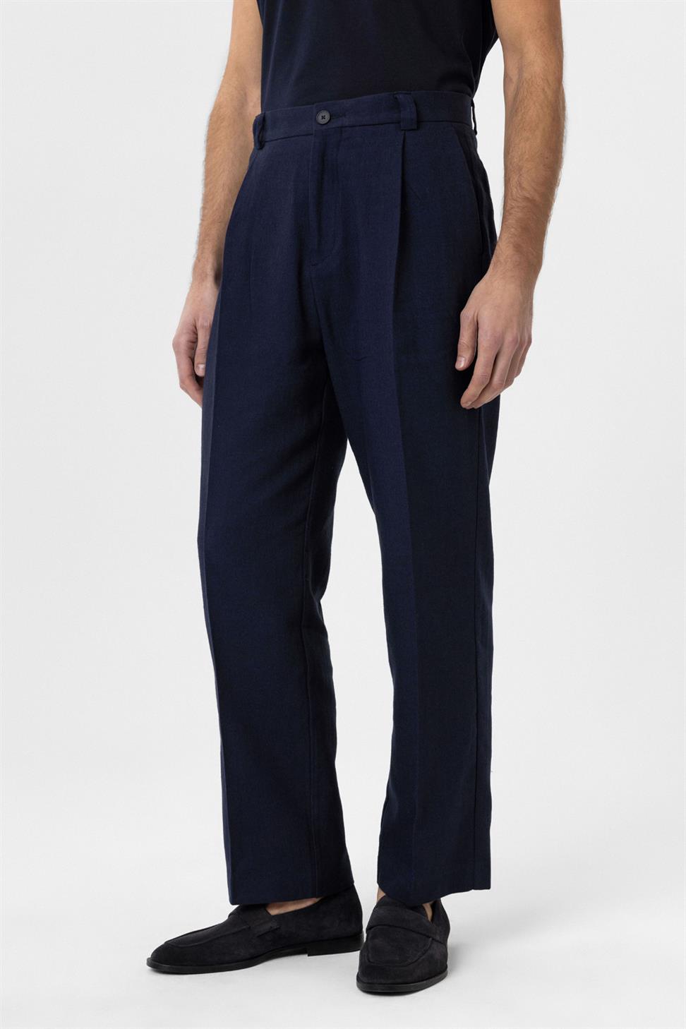 Antioch Lacivert Yüksek Bel Keten Karışımlı Erkek Pantolon