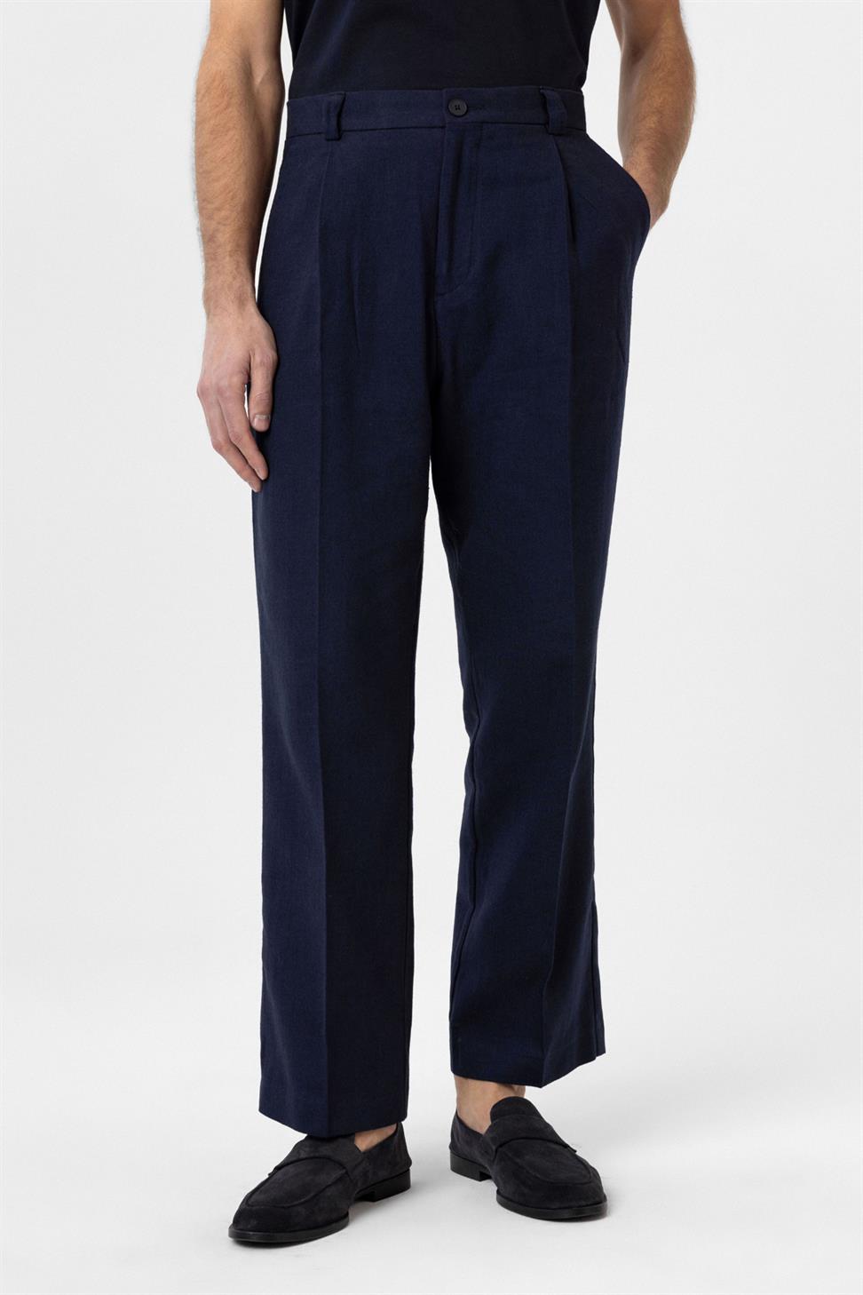 Antioch Lacivert Yüksek Bel Keten Karışımlı Erkek Pantolon