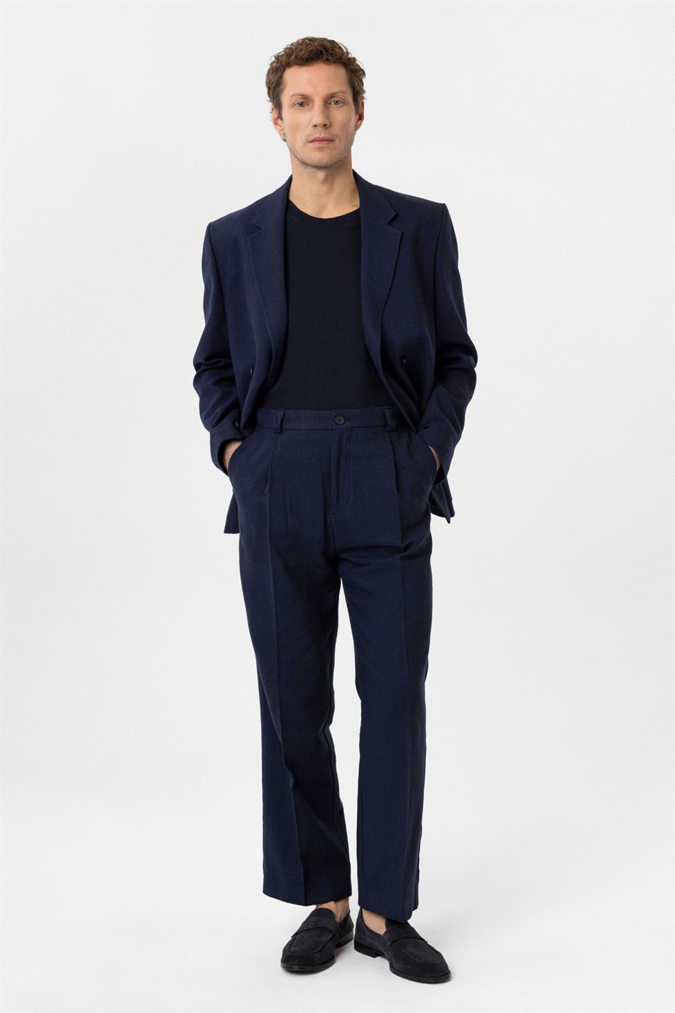 Antioch Lacivert Yüksek Bel Keten Karışımlı Erkek Pantolon