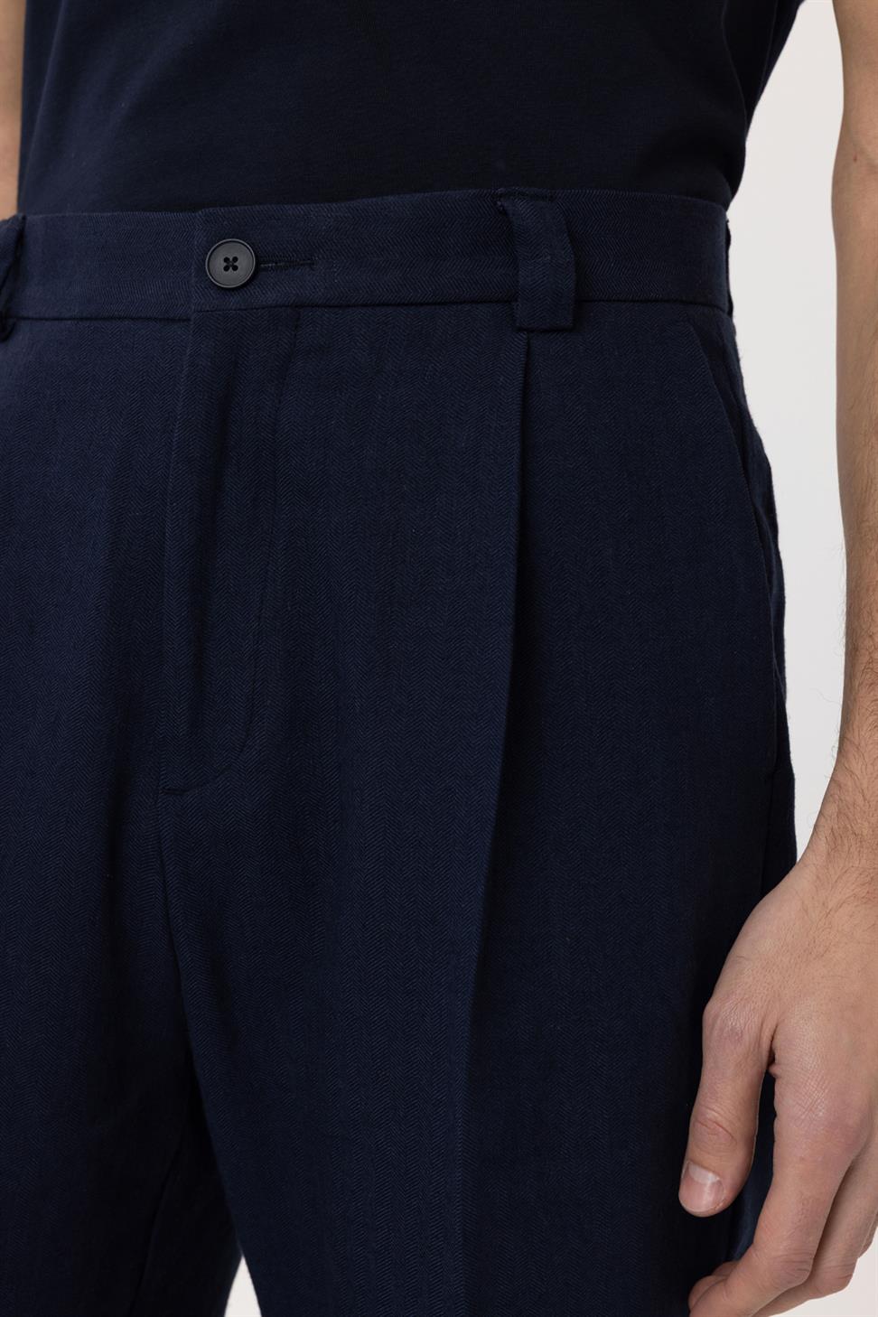 Antioch Lacivert Yüksek Bel Keten Karışımlı Erkek Pantolon