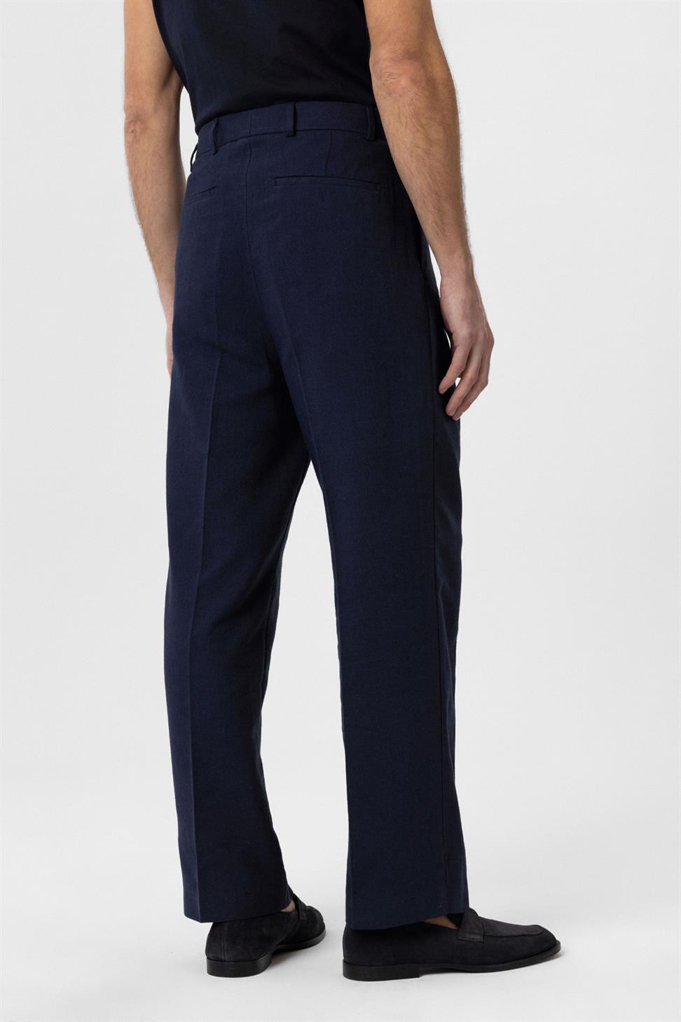 Antioch Lacivert Yüksek Bel Keten Karışımlı Erkek Pantolon