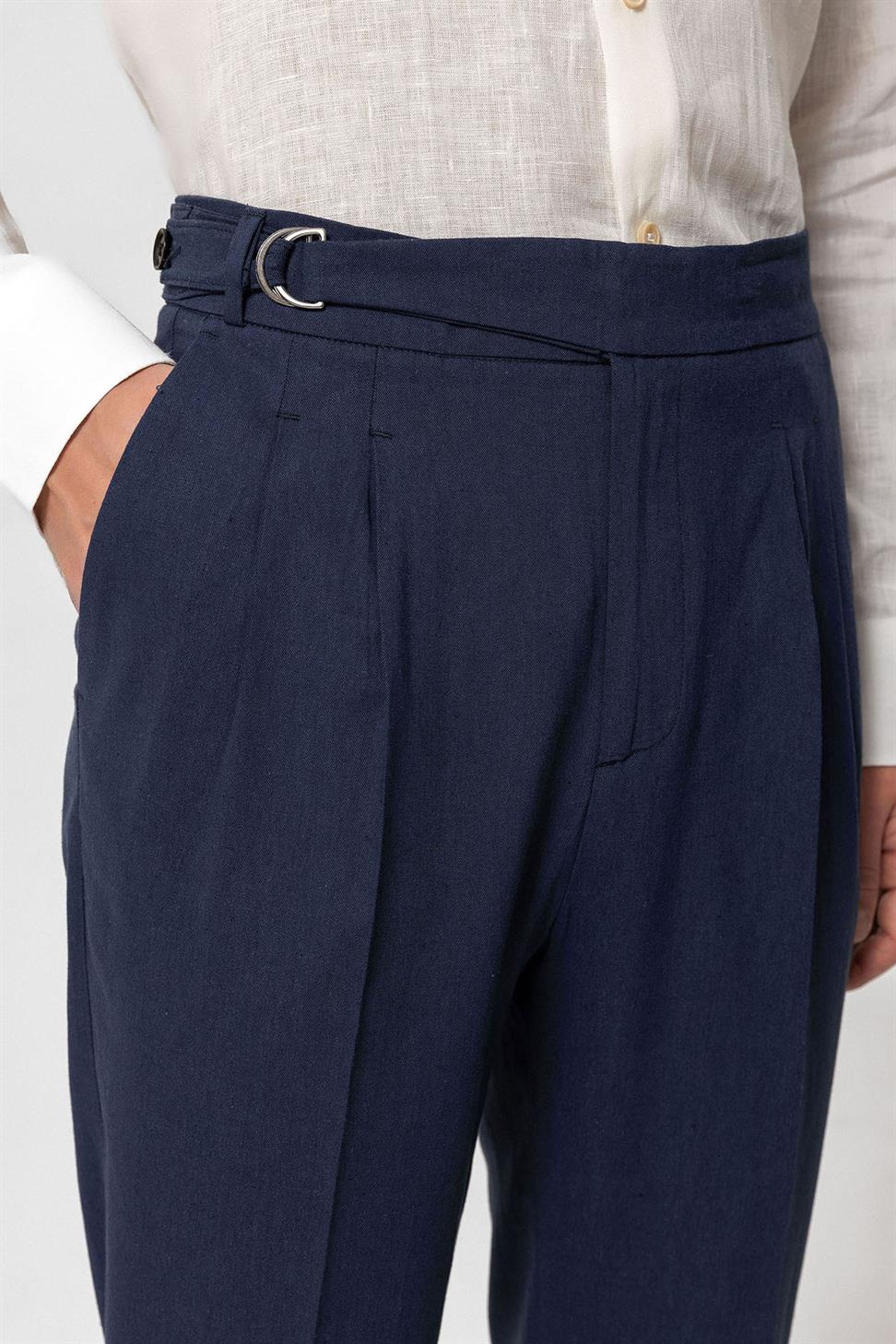 بنطلون رجالي عالي الخصر من مزيج الكتان مطوي