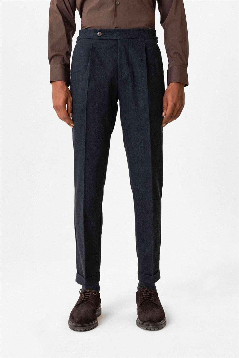 Antioch Lacivert Yüksek Bel Pileli Duble Paça Erkek Pantolon