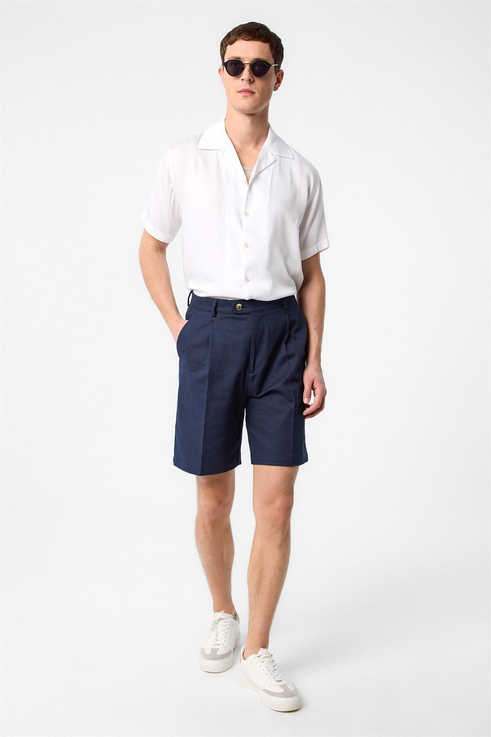 Antioch Lacivert Yüksek Bel Pileli Erkek Şort