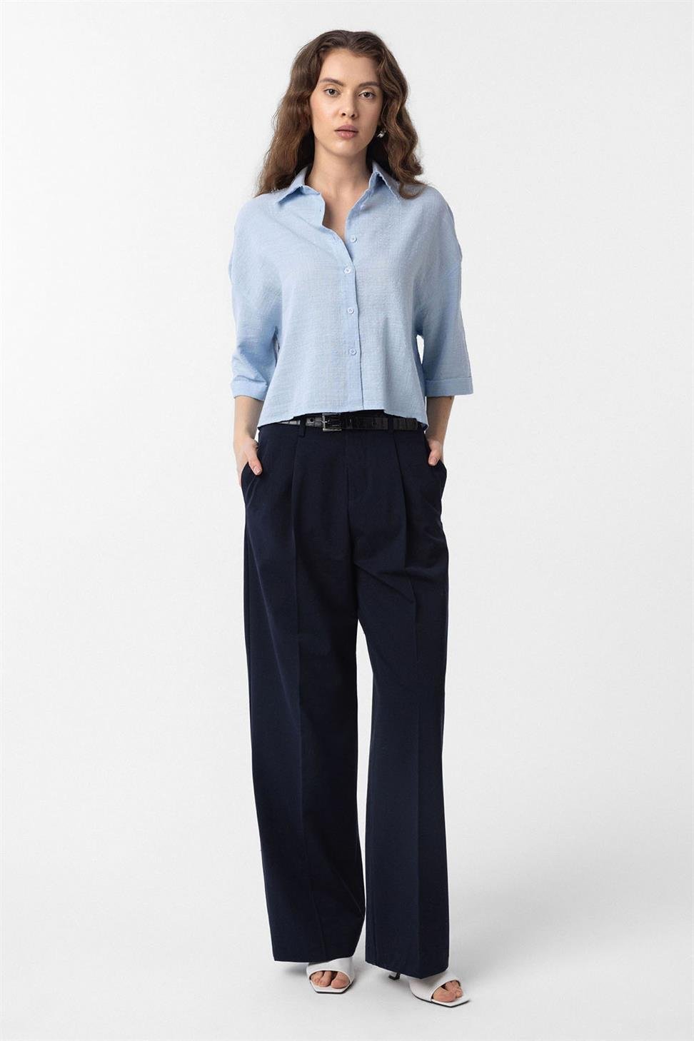 Antioch Lacivert Yüksek Bel Pilili Kadın Pantolon