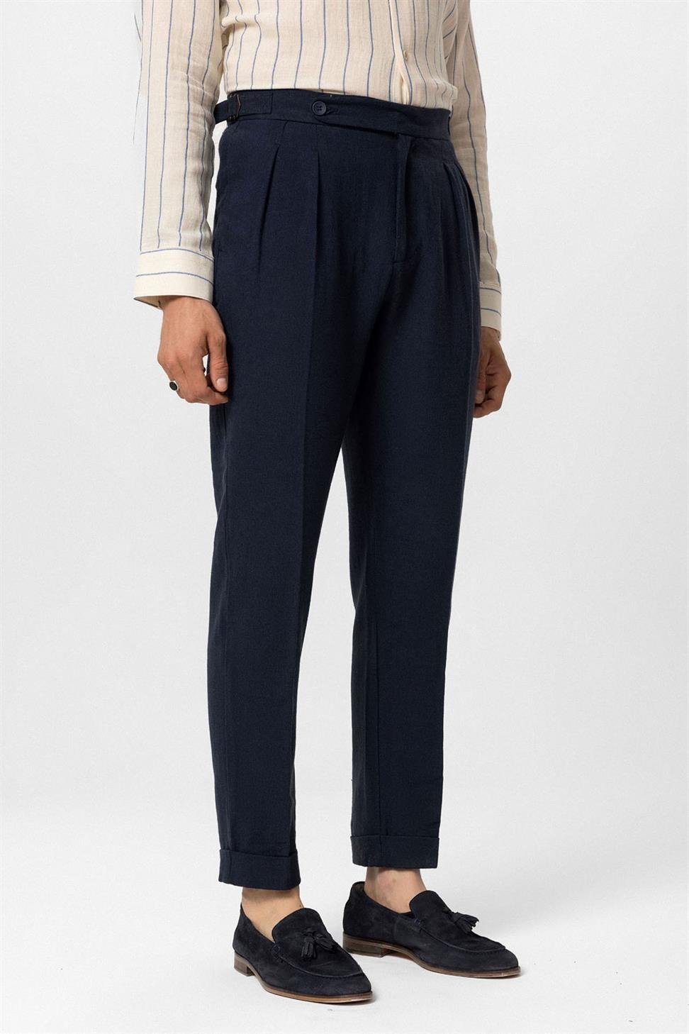 بنطلون رجالي بخصر عالٍ من مزيج الكتان والساقين