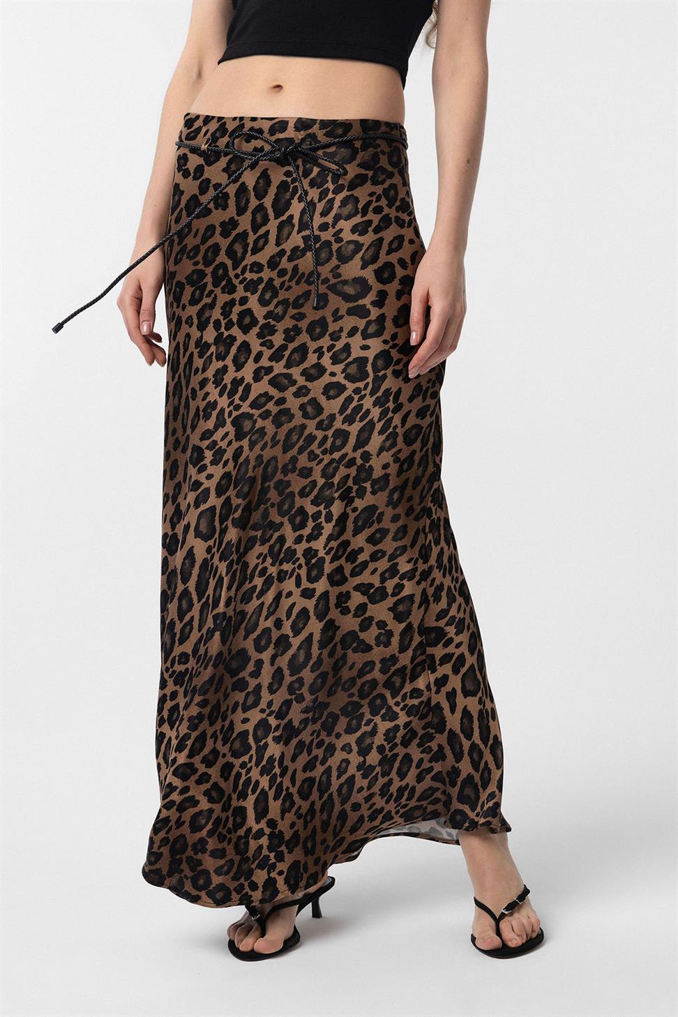Leopard Print Belted Long Womens Skirt