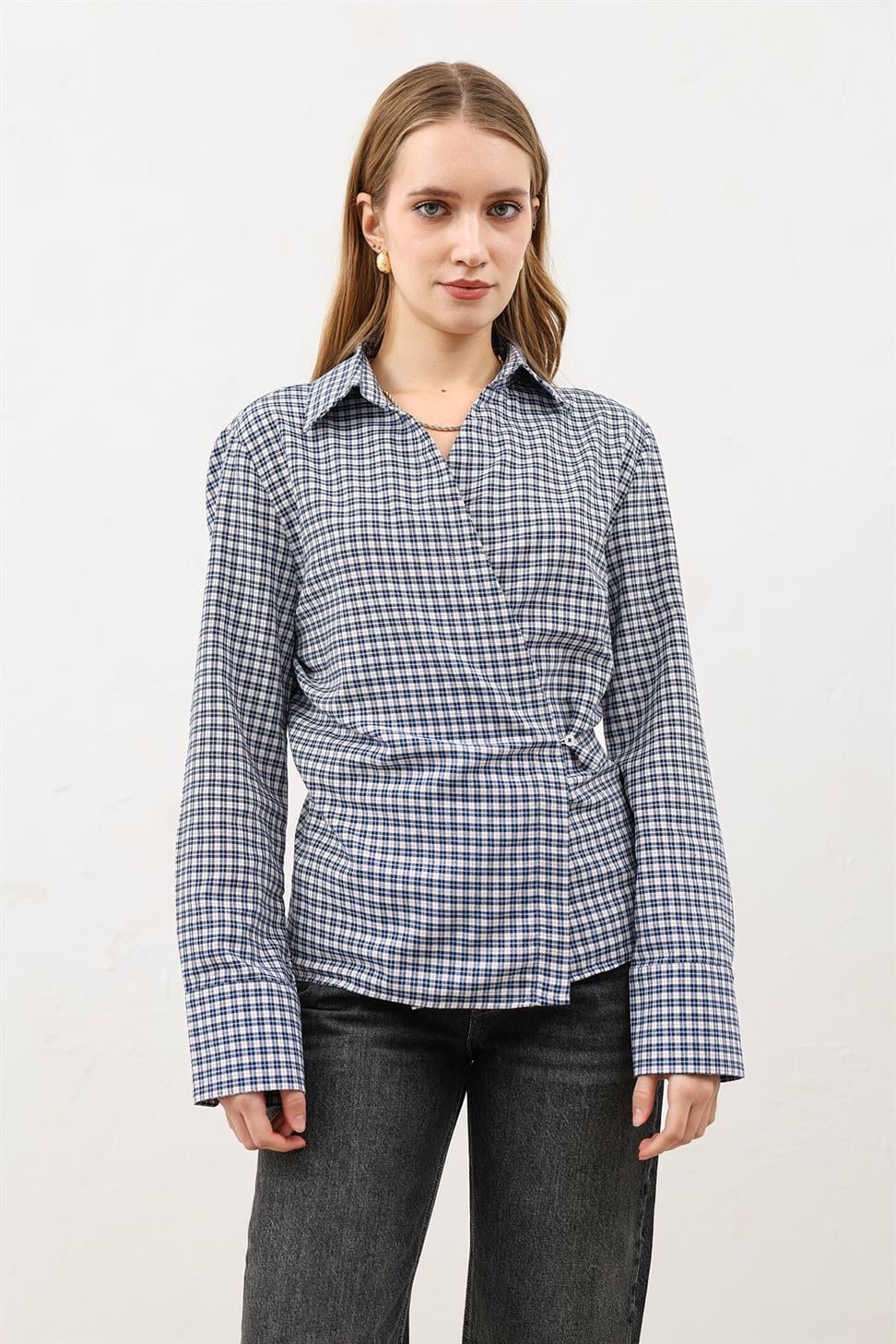 Womens Checkered Shirt with a Cross-Front Design