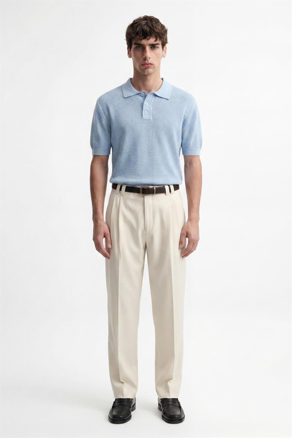 Antioch Mavi Örgü Dokulu Polo Yaka Erkek T-Shirt