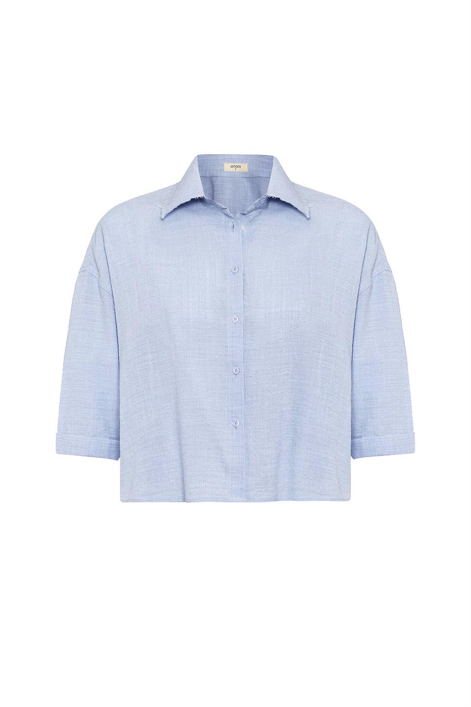 Antioch Mavi Crop Dokulu Kadın Gömlek