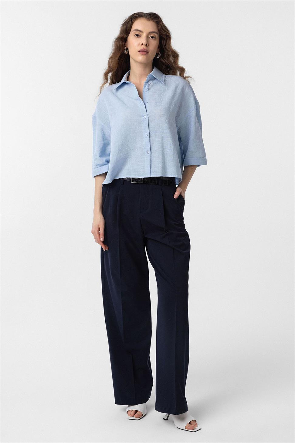 Antioch Mavi Crop Dokulu Kadın Gömlek