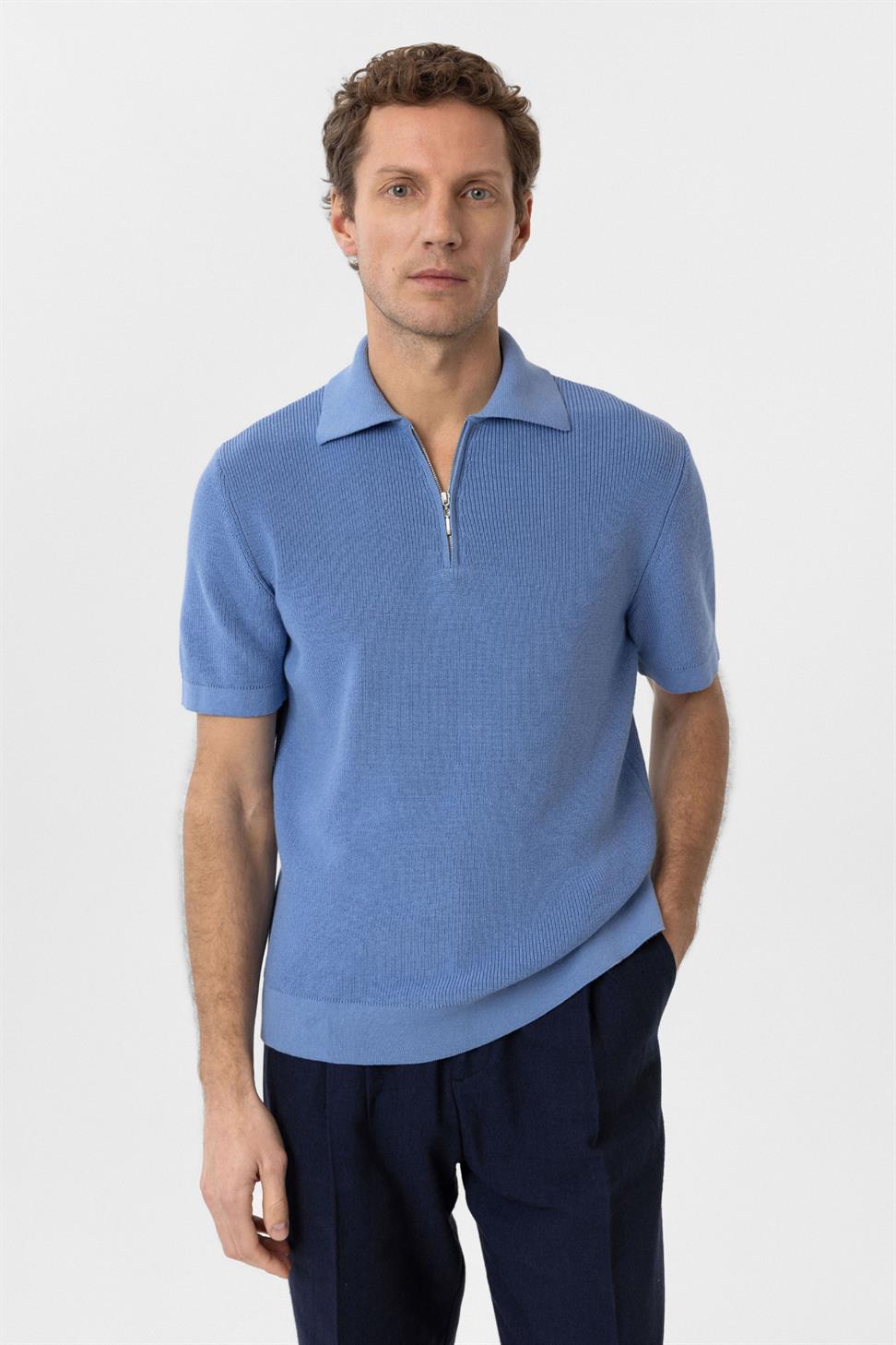 Antioch Mavi Fermuarlı Dokuma Erkek Triko T-Shirt