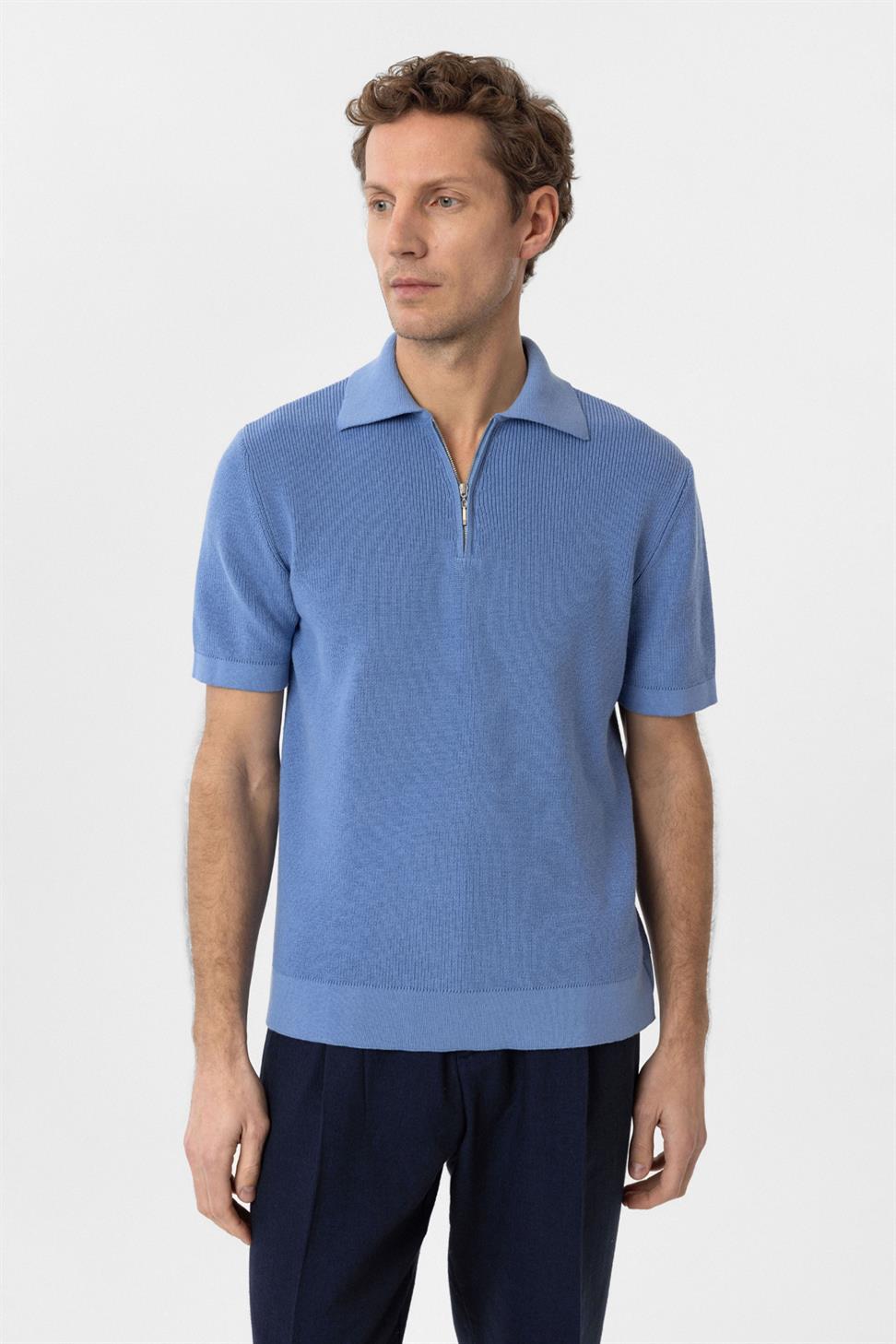 Antioch Mavi Fermuarlı Dokuma Erkek Triko T-Shirt